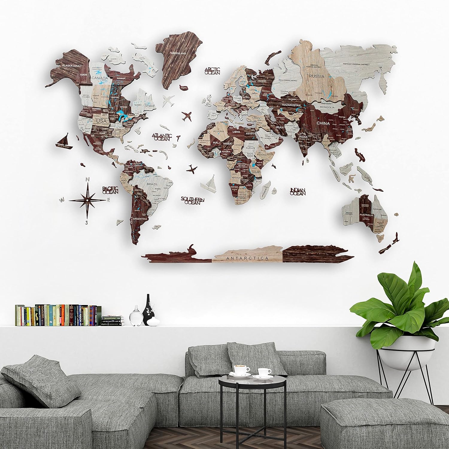 3D Wooden World Map House Decor Living Room 3D Home Wall Art Office Decoration Wood Wall Decor World Map 3D Art Large Travel Gift Office Bedroom (Medium, Cappuccino)