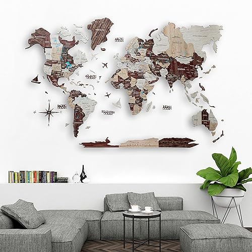 Miniatura 2 de Mapa del mundo de madera 3D, decoración de la casa, sala de estar, arte de pared 3D para el hogar, oficina, decoración de pared de madera, mapa del