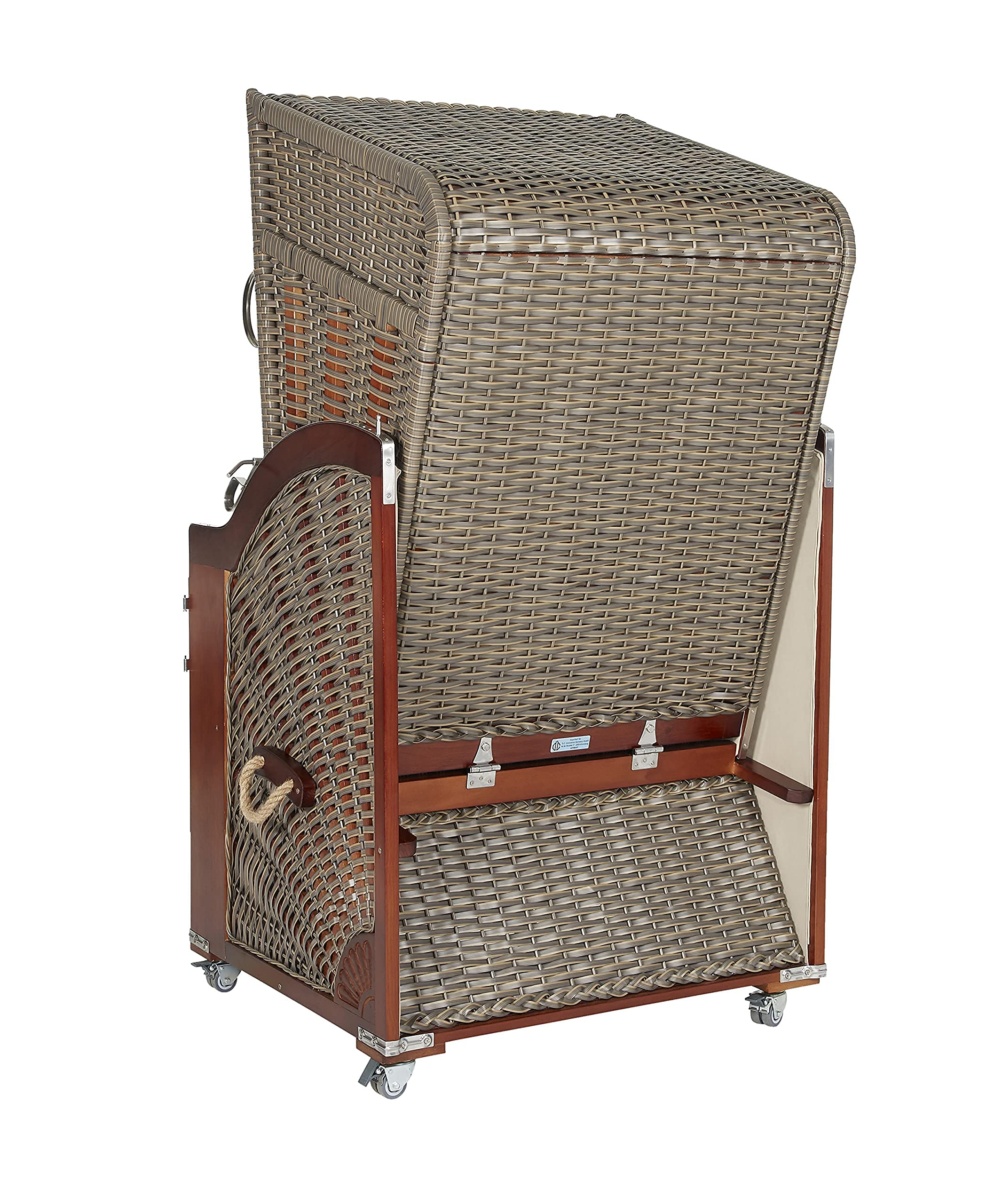 intergrill Strandschönheiten AVA Deluxe Strandkorb Ostsee Single Vollholzfront Korb außen beige Pinienholz innen grau gestreift Balkone Terrassen Garten Lounge