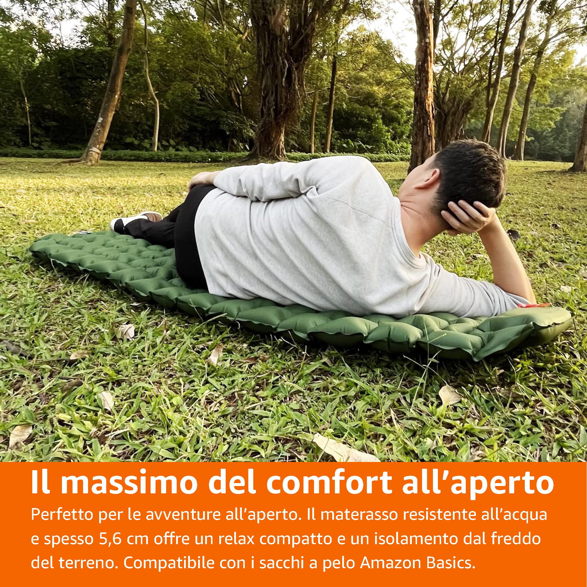 Amazon Basics Compatto Cuscino da Campeggio Leggero e Impermeabile con Pompa a Pedale, 5.6 cm di Spessore, Verde Oliva