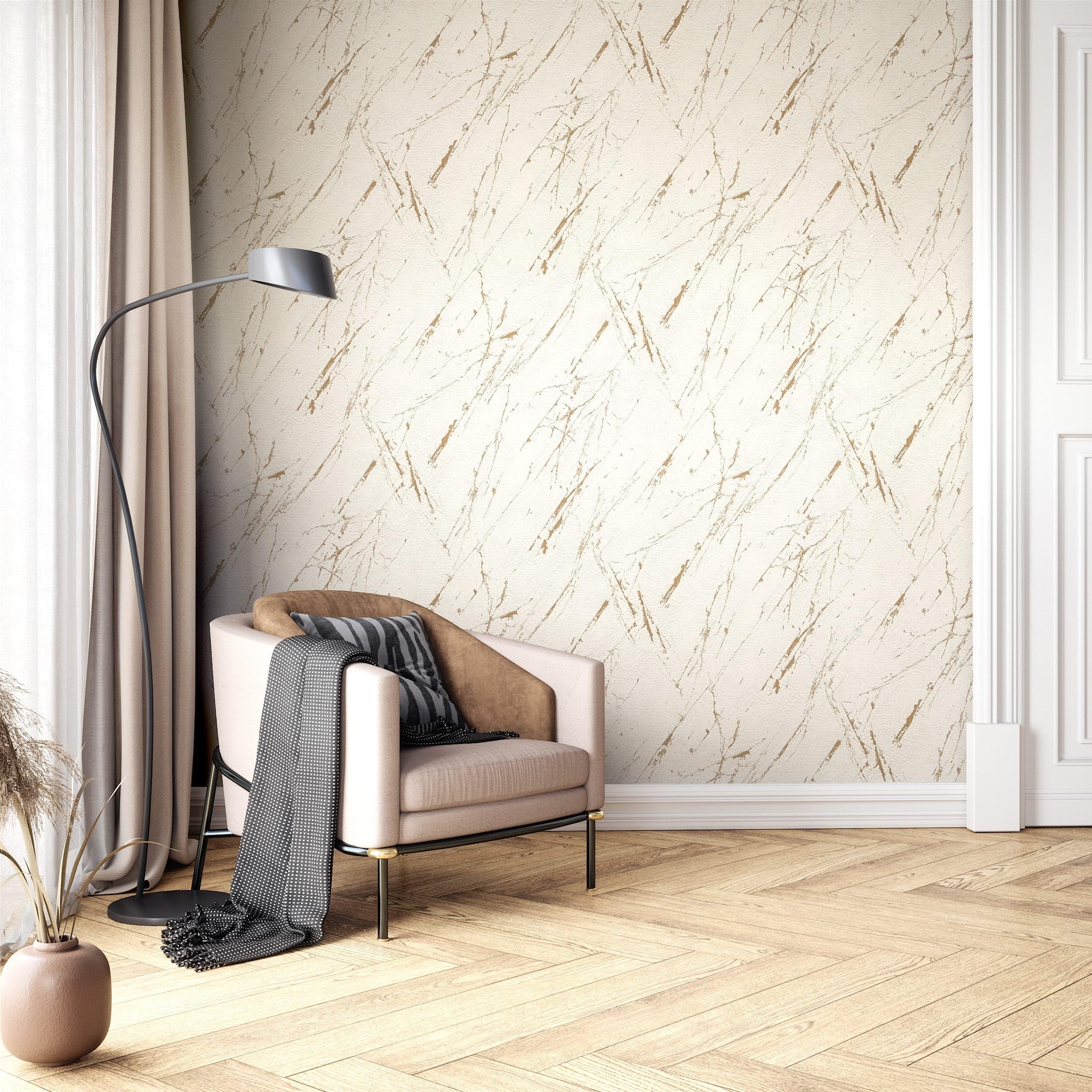 Newroom Tapete Beige Vlies Marmoroptik - Modern Metallic 3D Optik Glamour für Wohnzimmer Schlafzimmer