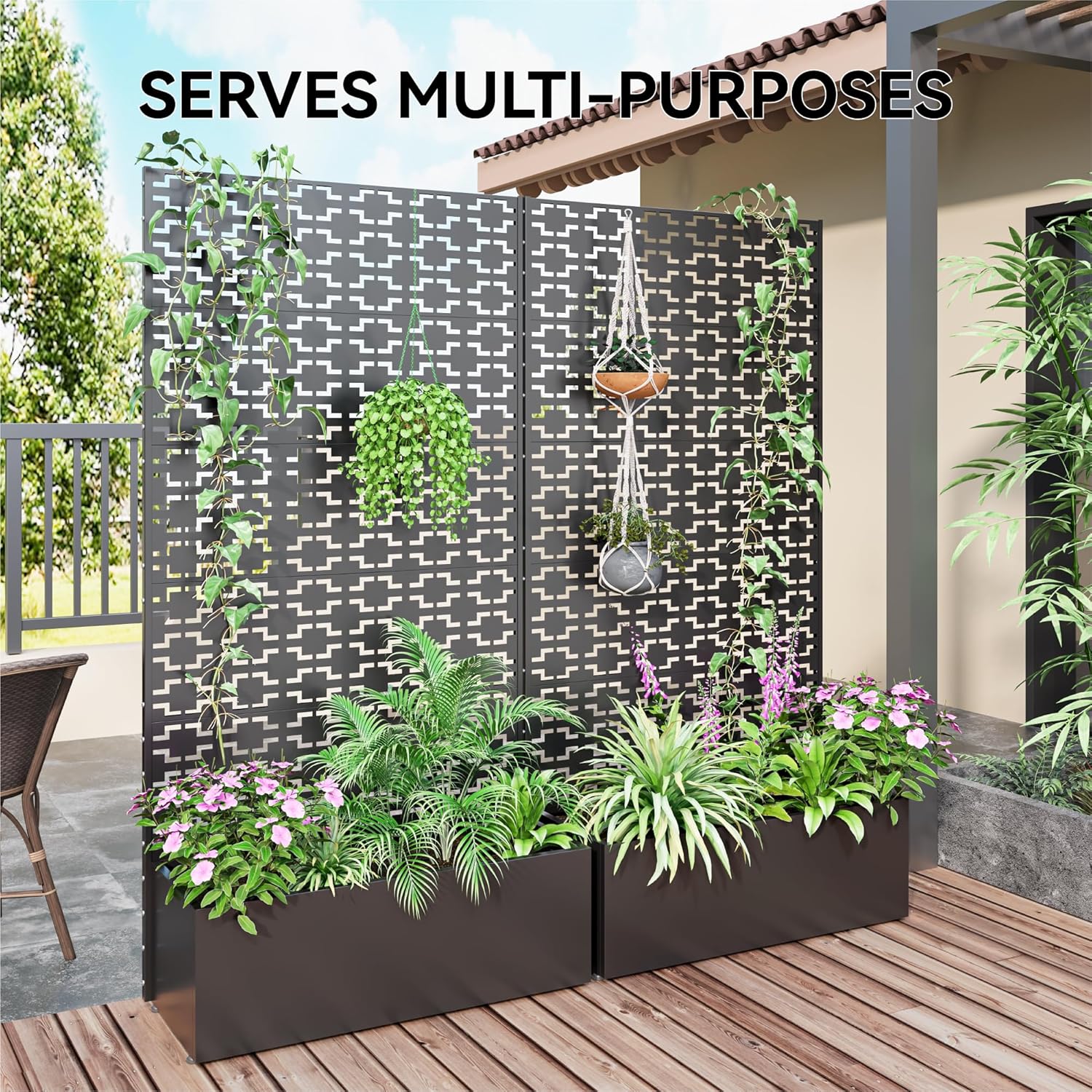 Outdoor Privacy Screen Metal Planter Box with Trellis, Outdoor Freestanding Raised Garden Bed for Patio, Backyard 71" H x 36" W Decorative Fence Privacy Panels for Outside