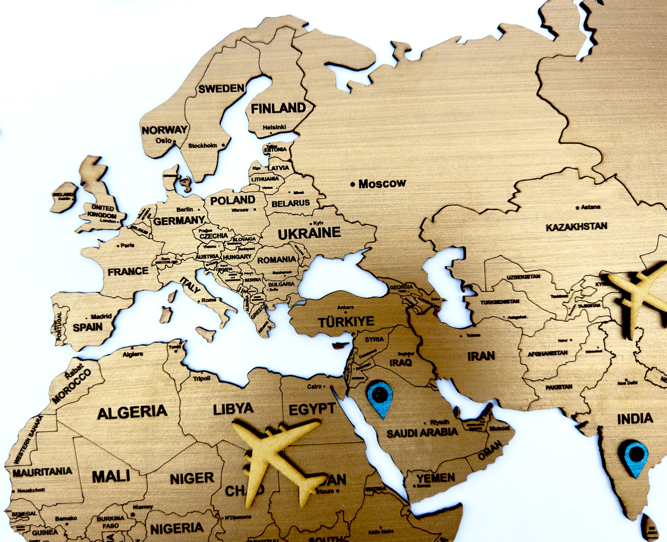 Elk 3D Wooden World Map Wall Decor with Country Names Capitals Premium Multilayer Laser Cut Wall Art Easy DIY Installation Travel Theme Home Decor for Living Room Office Size L 156x89 CM 1