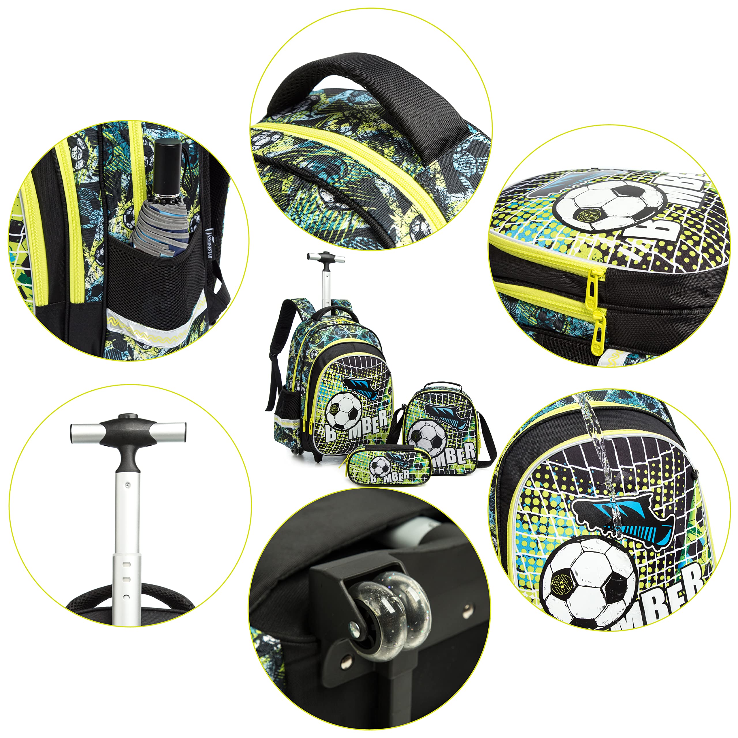 HTgroce Mochilas Escolares con Carro 16inch Mochila Escolar con Ruedas Grande Fútbol Mochilas con Carrito Escolares Mochilas Escolares Ruedas Niño 3 in 1 Grande Mochila Escolar Trolley Niños.