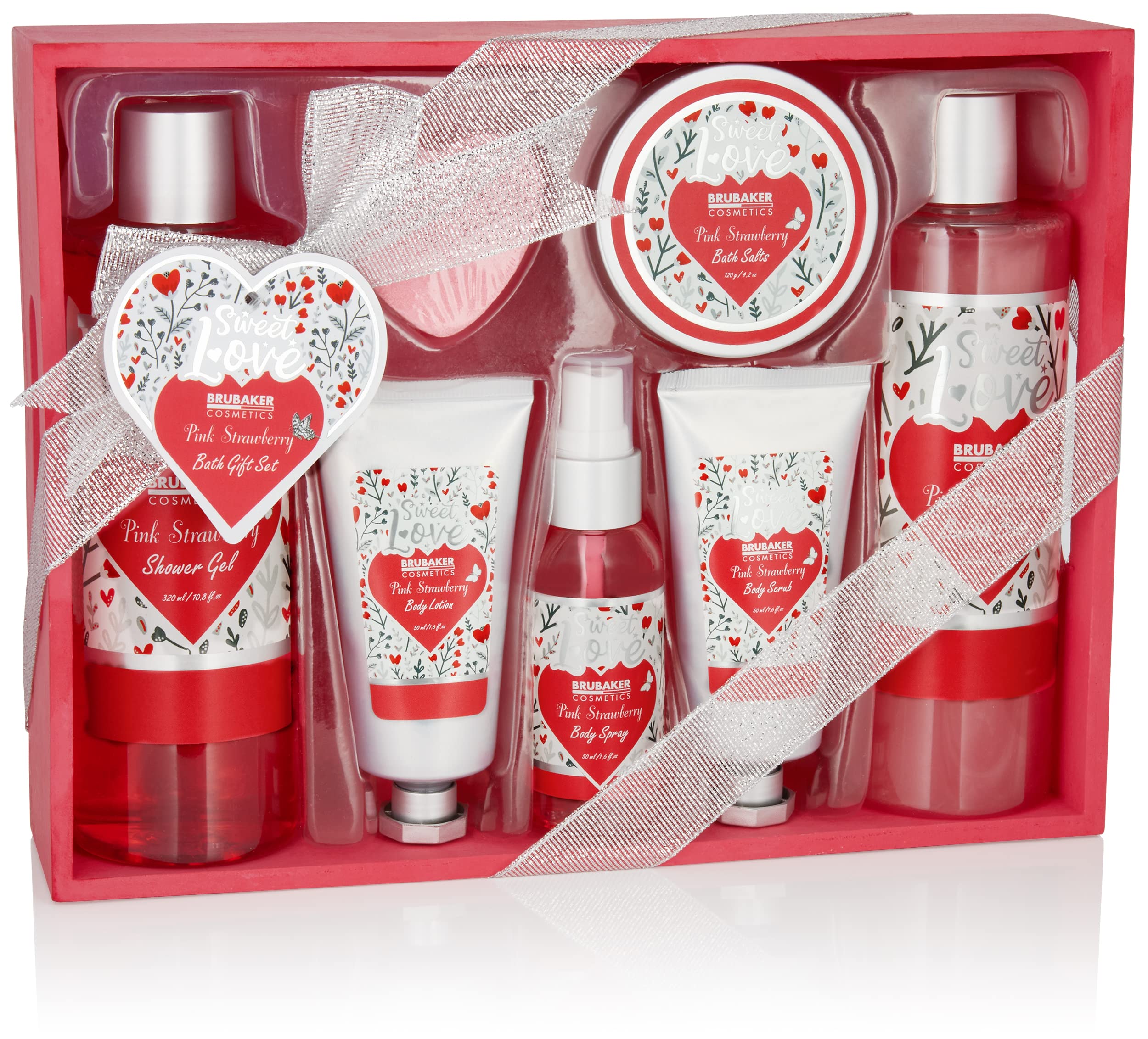 BRUBAKER Cosmetics 8-Pcs. Bath and Shower Set Strawberry Sweet Love in Deco Wooden Basket - Care Set Gift Set with Flowers Design - Pink