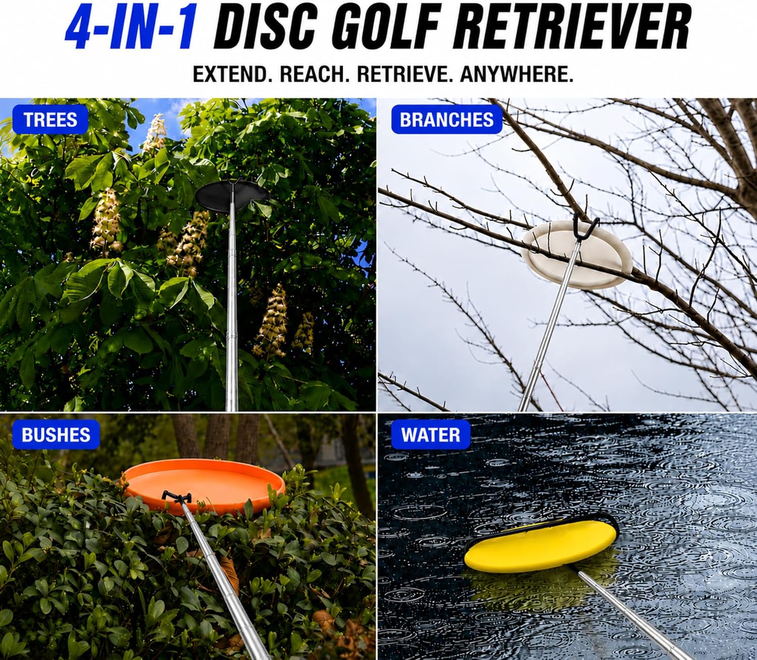 4 in 1 Disc Golf Retriever Pole 16 ft – Extendable Telescopic Disc Retriever with Durable Stainless Steel Frame Hooks & Carry Bag – Disc Golf Grabber for Getting Discs Out of Water, Bushes (BLACK)
