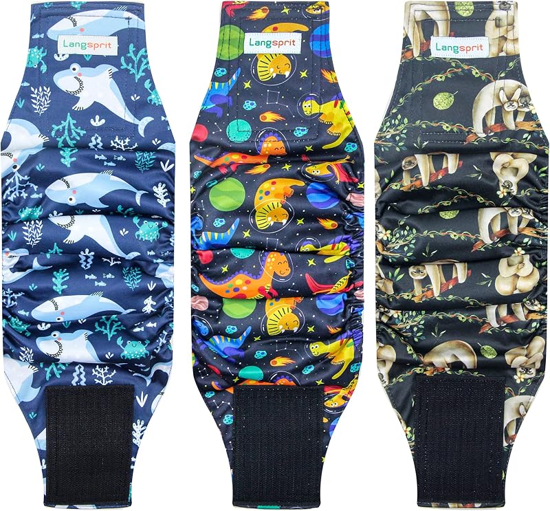 Langsprit Male Belly Bands for Dogs (Pack of 3) - Dog Diapers Male - High Absorbing Dog Wraps Washable - Reusable Small Doggy Doggie Puppy Dog Diapers (Sloth,Whale,Dinosaur, Small)