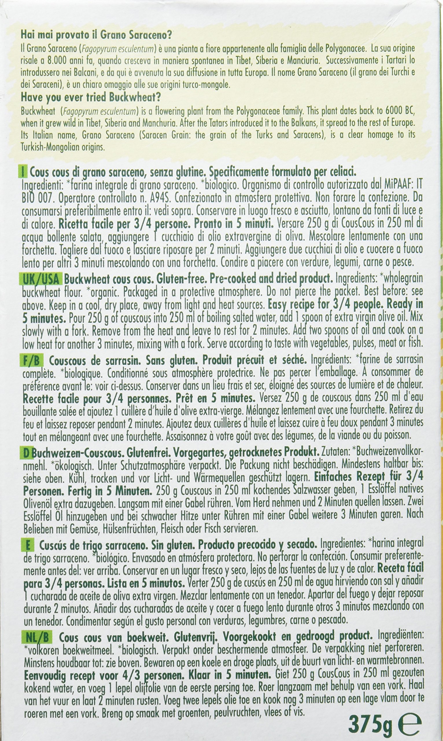 Altricereali Cous Cous Trigo Sarraceno sin Gluten - 4 Paquetes de 1 x 375 gr - Total: 1500 gr