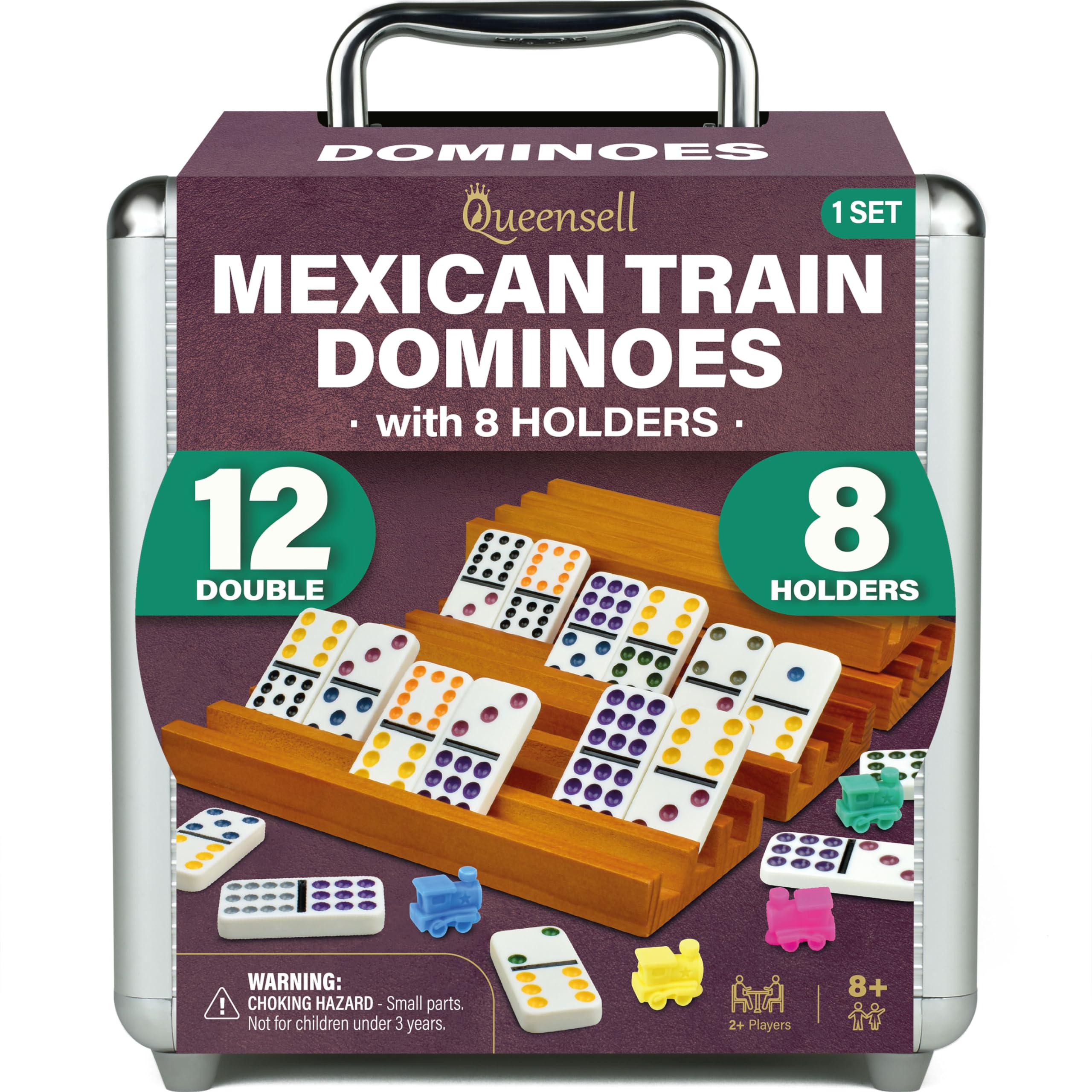 Queensell Mexican Train Dominoes Set with 8 Holders - Wooden Hub and Tiles Holders - Double 12 Tiles with Dots (D12 + 8 Holders)