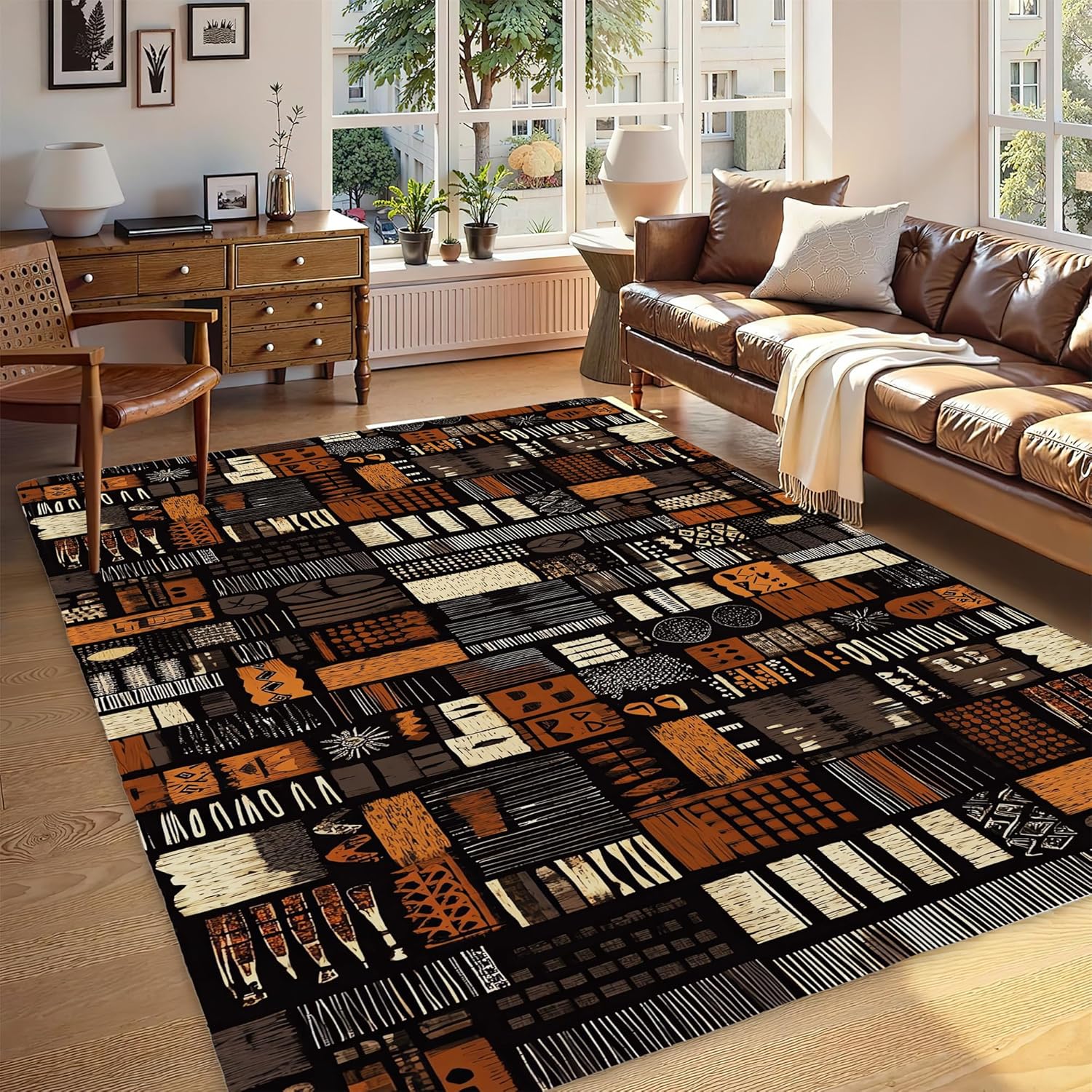 African Style Brown Orange Area Rug for Living Room, Non-Slip Backing Low Pile Modern Abstract Rug for Indoor Use, 5x7 Washable Carpet