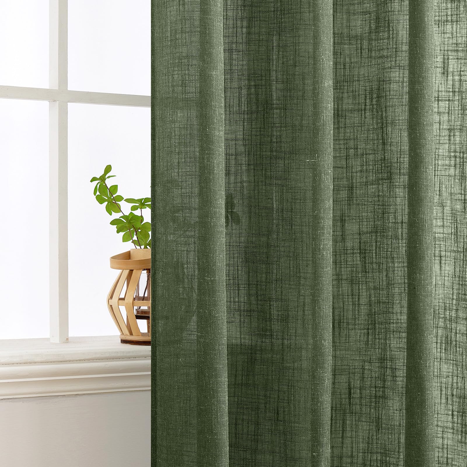 MIULEE Gardinen Vorhänge mit ösen Voile Vorhang kurz Modern Leinenoptik Halbtransparent Ösenvorhang für Wohnzimmer Kinderzimmer Raumteiler 2er Set Olivgrün 245x140 cm