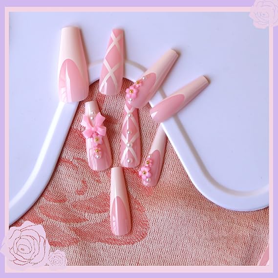Pink Press On Nails with Nail Charms, press on nails medium for Girls, nail press ons for Women, square press on nails for her, press on nails kit Gel Like, Valentine's Day Gift,Pearl-24pcs