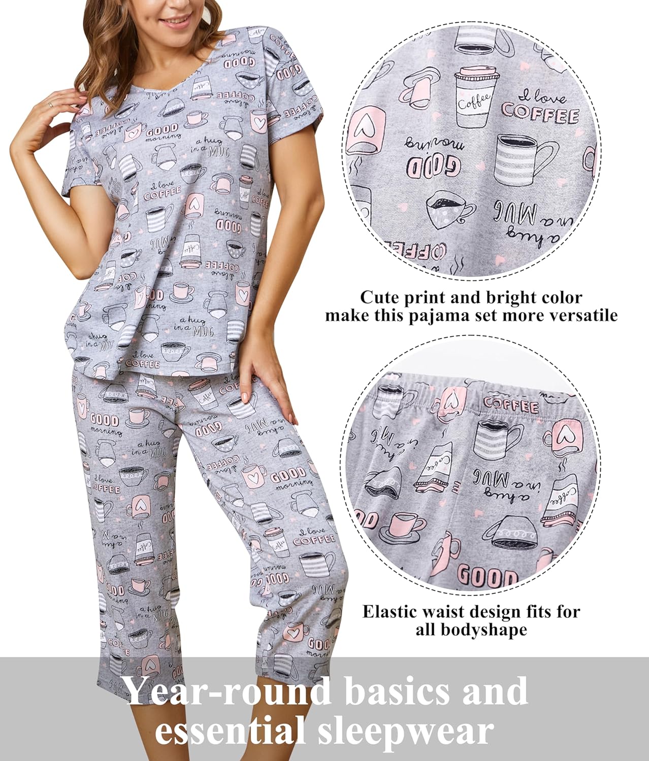 PNAEONG 2 Pack Women's Cotton Pajama Sets Short Sleeve Sleepwear Tops with Capri Pants Summer Loungewear Pj Sets S-3XL - Image 5