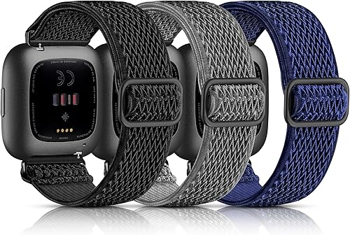 Maledan Correas elásticas Solo Loop compatibles con Fitbit VersaFitbit Versa 2 para hombres y mujeres, paquete de 3, correas deportivas de nylon