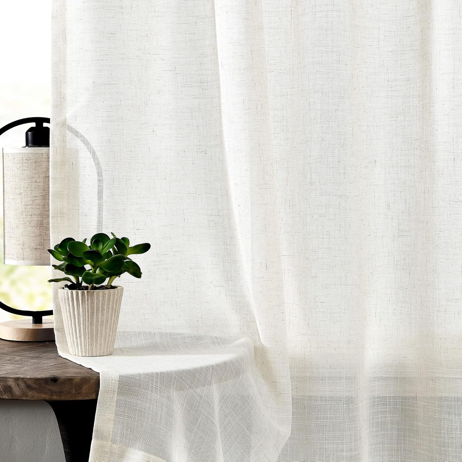 central park pinch pleated sheer curtains natural linen blend slub yarn sheer window drape farmhouse rustic treatment set for living room bedroom, 60"x63"x2, linen 60"w x 63"l (pack of 2) linen/pinch