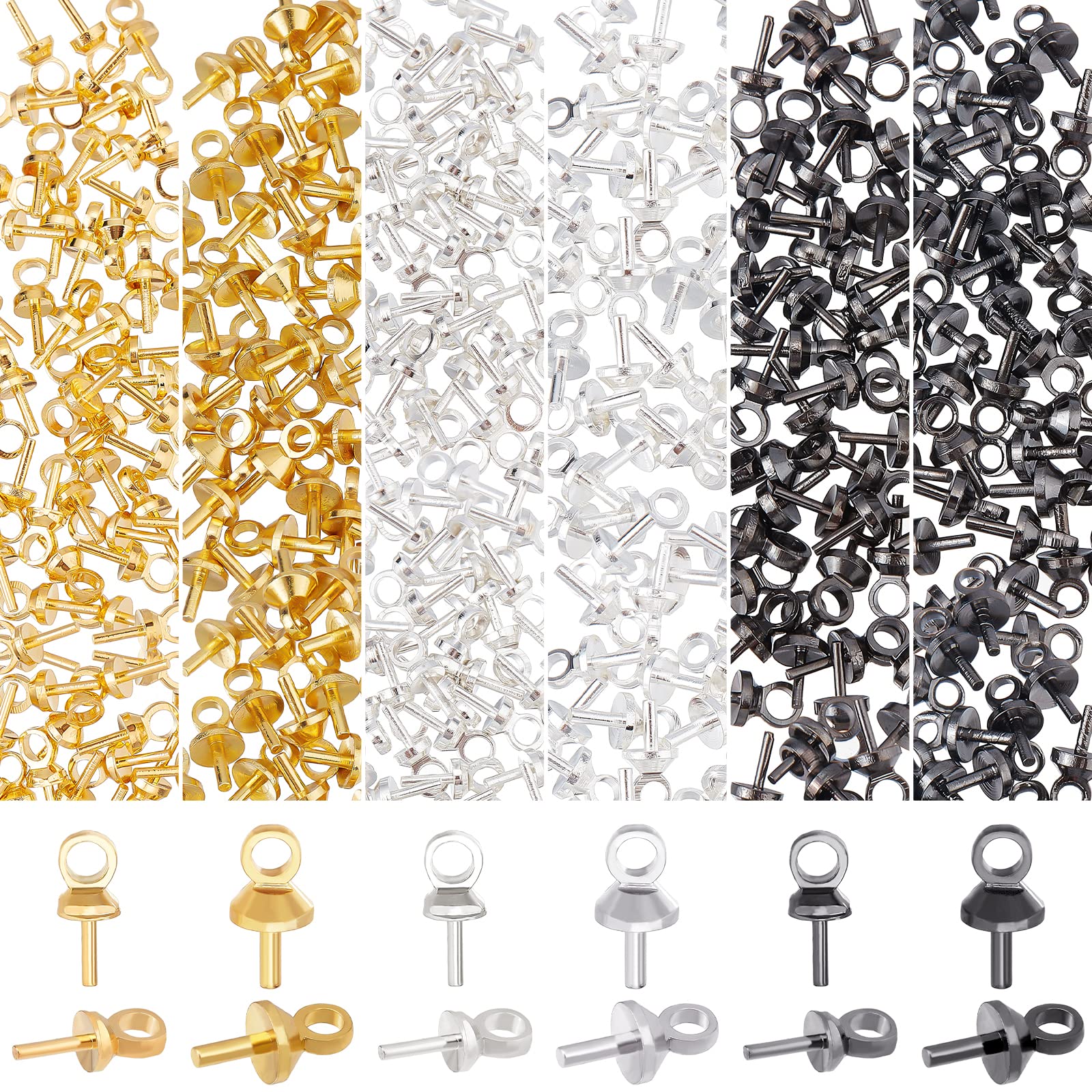 SUNNYCLUE 1 Scatola 120Pz 2 Colori Ottone Coppa Perla Bail Pin Peg Ciondoli Metallo Piccolo Foro Coppa Perla Vite Occhio Pinch Bails per metà Forato Perline Charms Gioielli Making 5x7mm, Foro 1.5mm