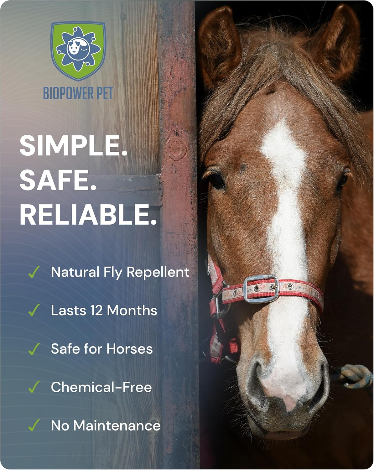 BioPower Natural Fly & Tick Repellent for Horses - Horse Stall Tag with 1-Year Bioresonance Protection – Chemical-Free, Waterproof Carbon Tag that Clips to Halter – Non-Toxic Pest Defense