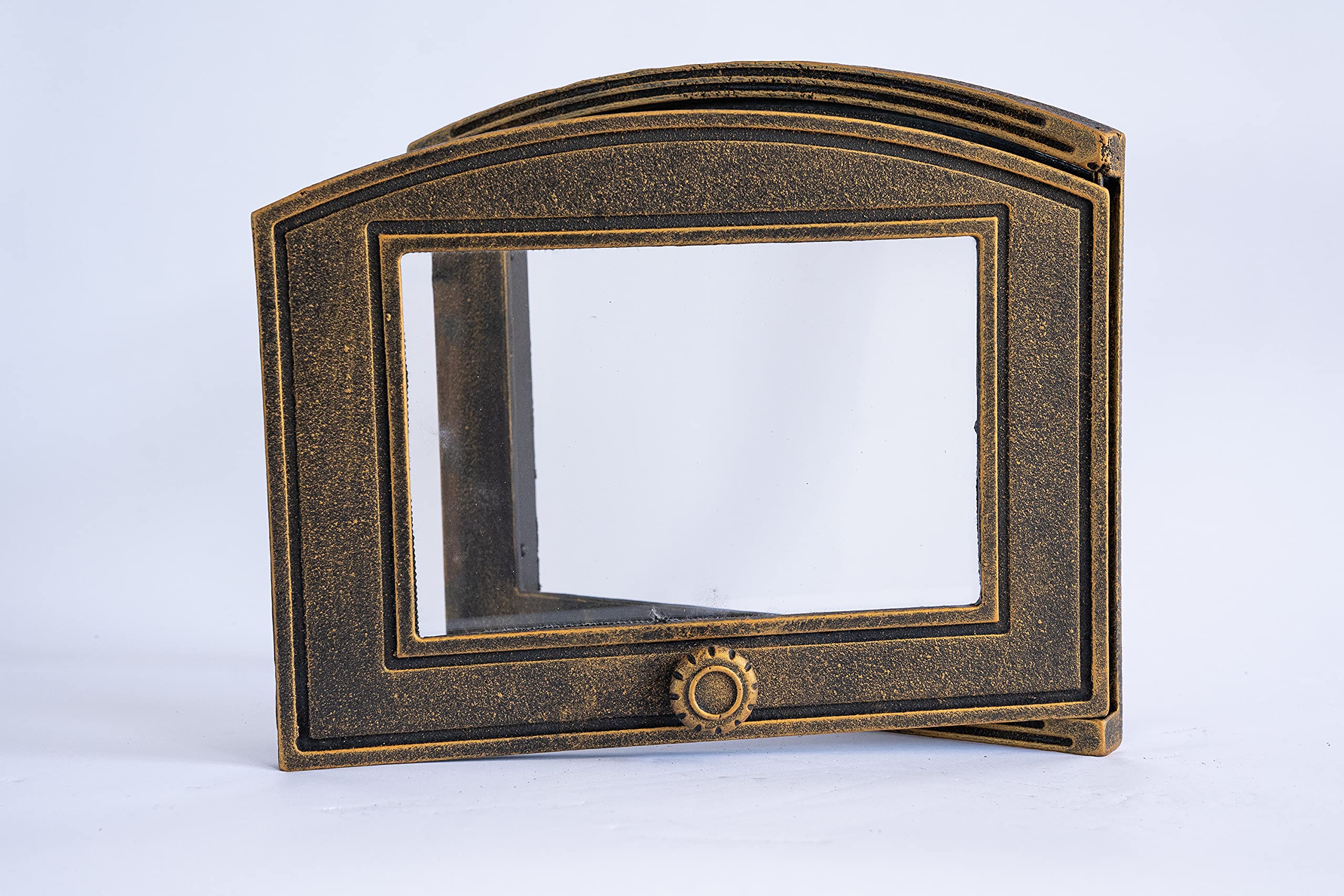 SEZAM Backofentür aus Gusseisen mit hitzebeständiger Glasscheibe, nach rechts öffnend, Pizzaofentür - Brotofen - Steinofentür, 37 x 6 x 31,5 cm - halbrund, altgoldfarbene Bemalung
