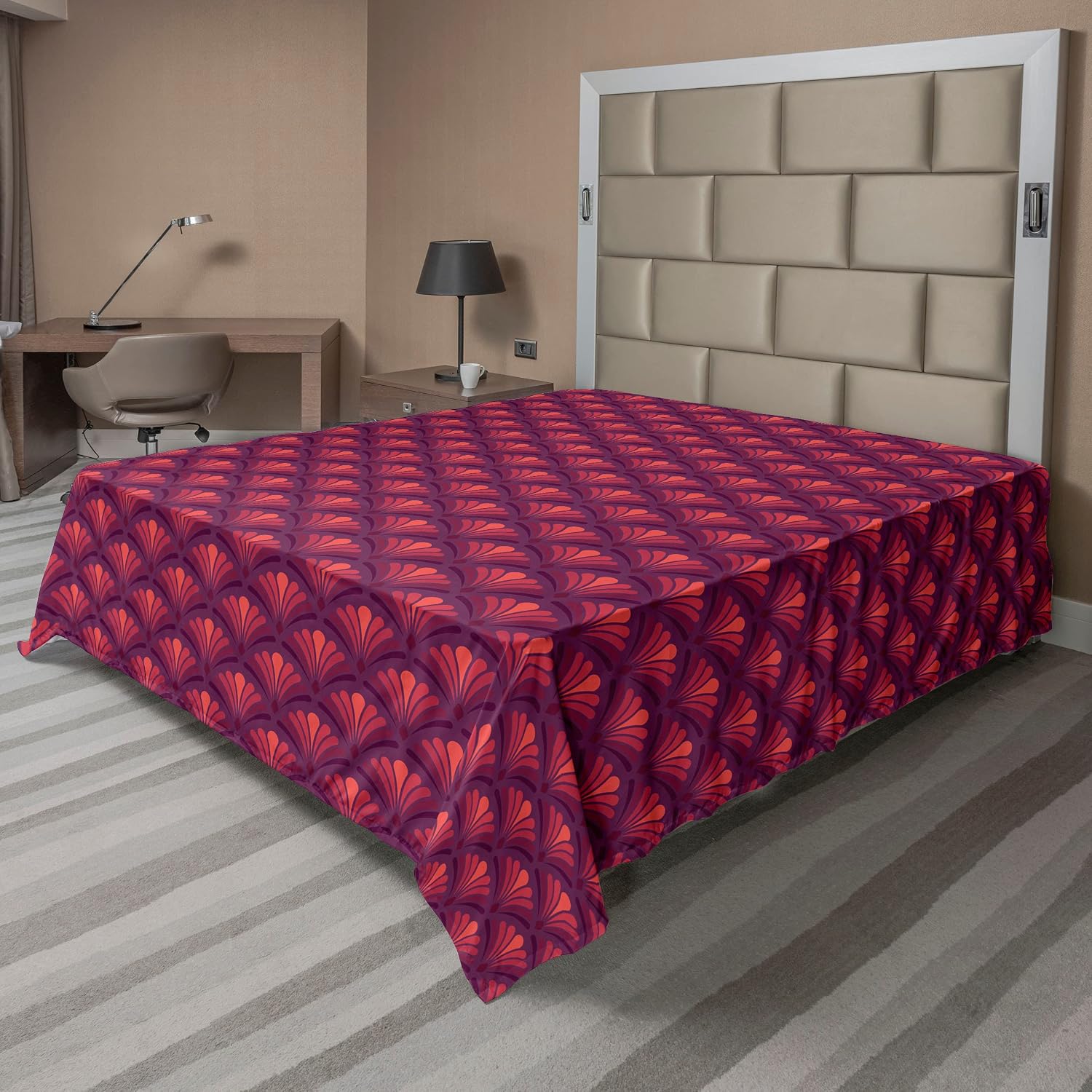 Ambesonne Art Deco Flat Sheet, Nostalgic Shell Motif with 80s Color Palette Maximalist Look Pattern, Soft Comfortable Top Sheet Decorative Bedding 1 Piece, Queen Size, Plum Magenta and Coral
