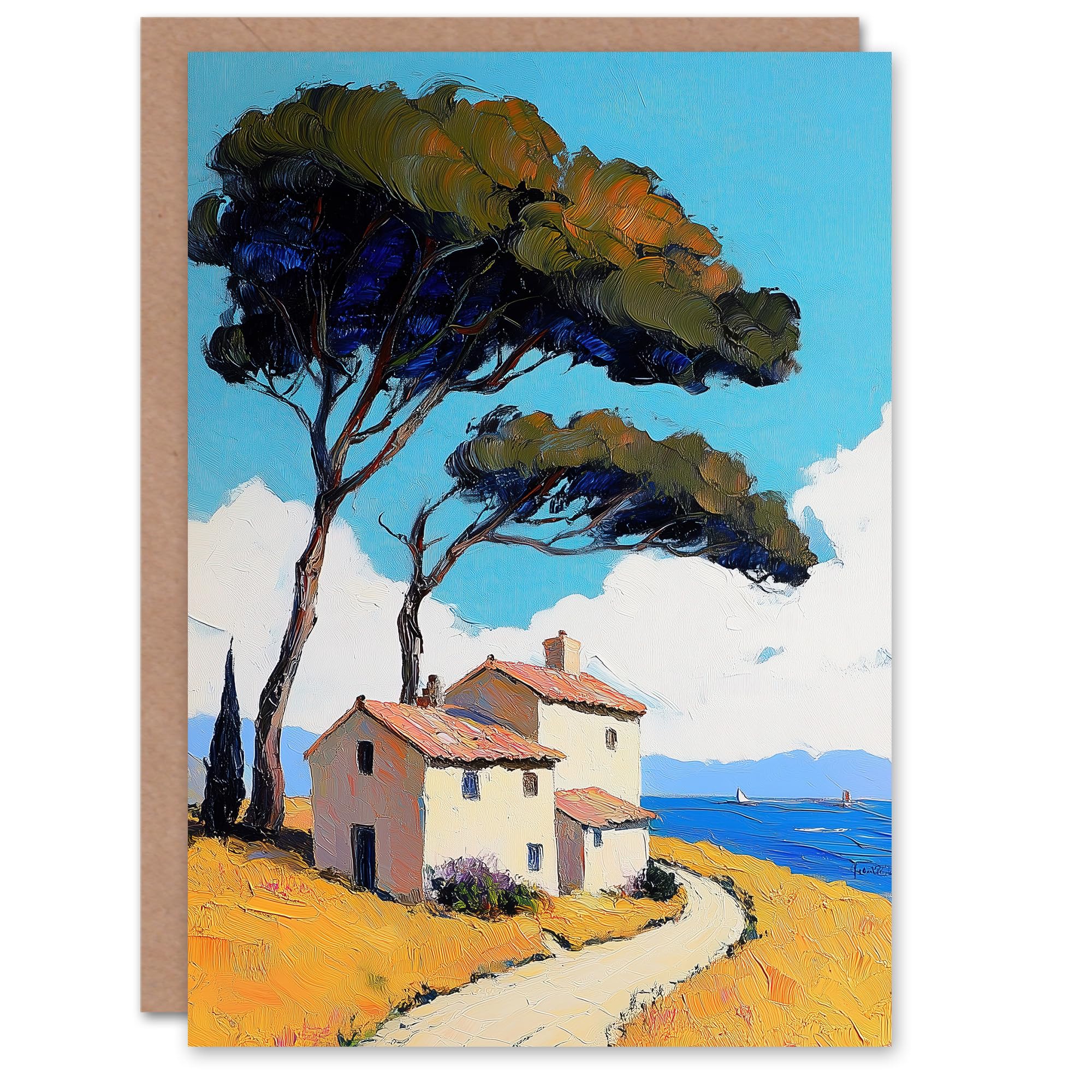 Artery8 Greeting Card Holiday Cottage By Sea Coastal Spain Painting Blank For Him Or Her Art Birthday Card