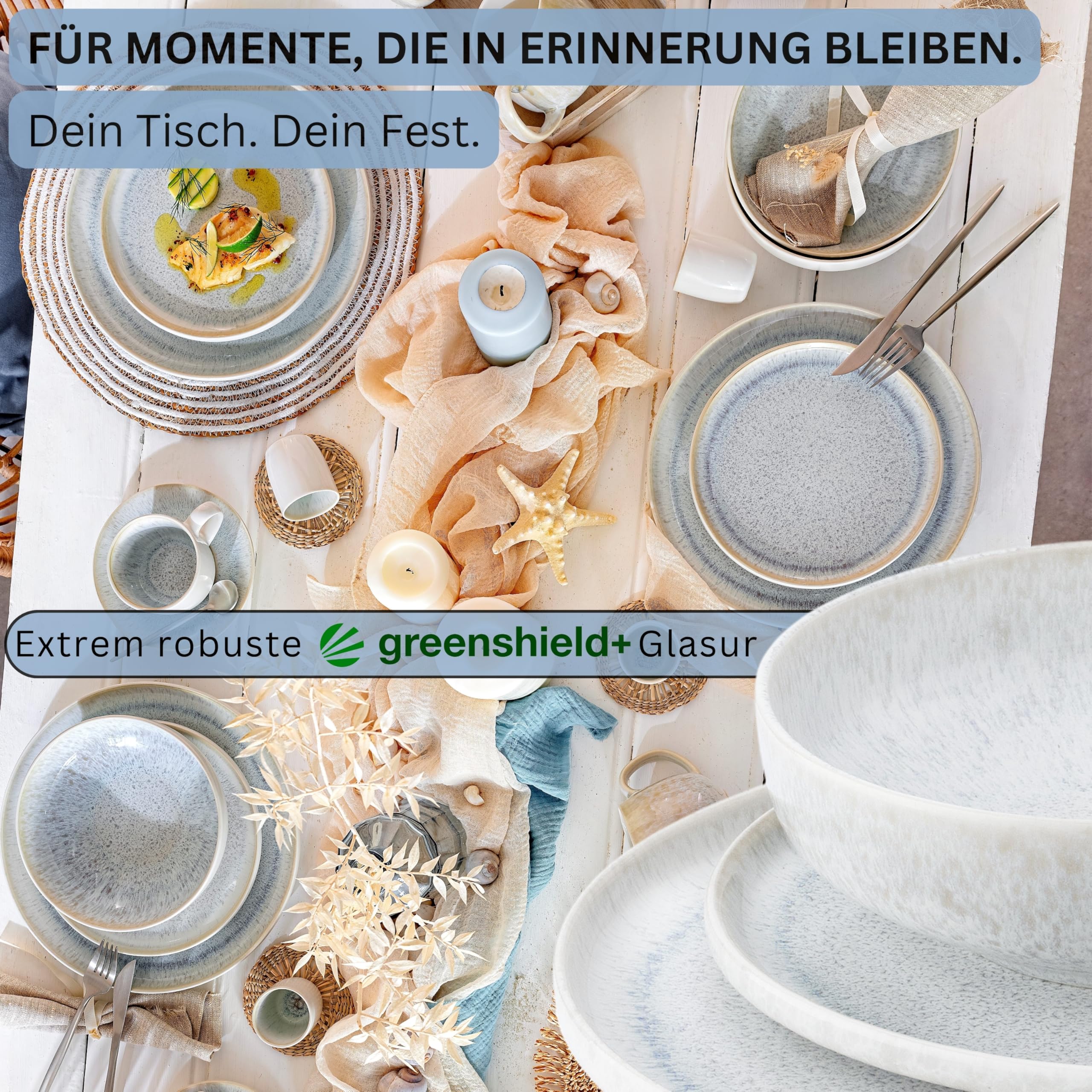 SÄNGER Vajilla Santorini de 12 piezas, juego de platos para 4 personas, juego de vajilla de gres, incluye platos de postre y platos profundos de color crema con degradado lila y azul, colección