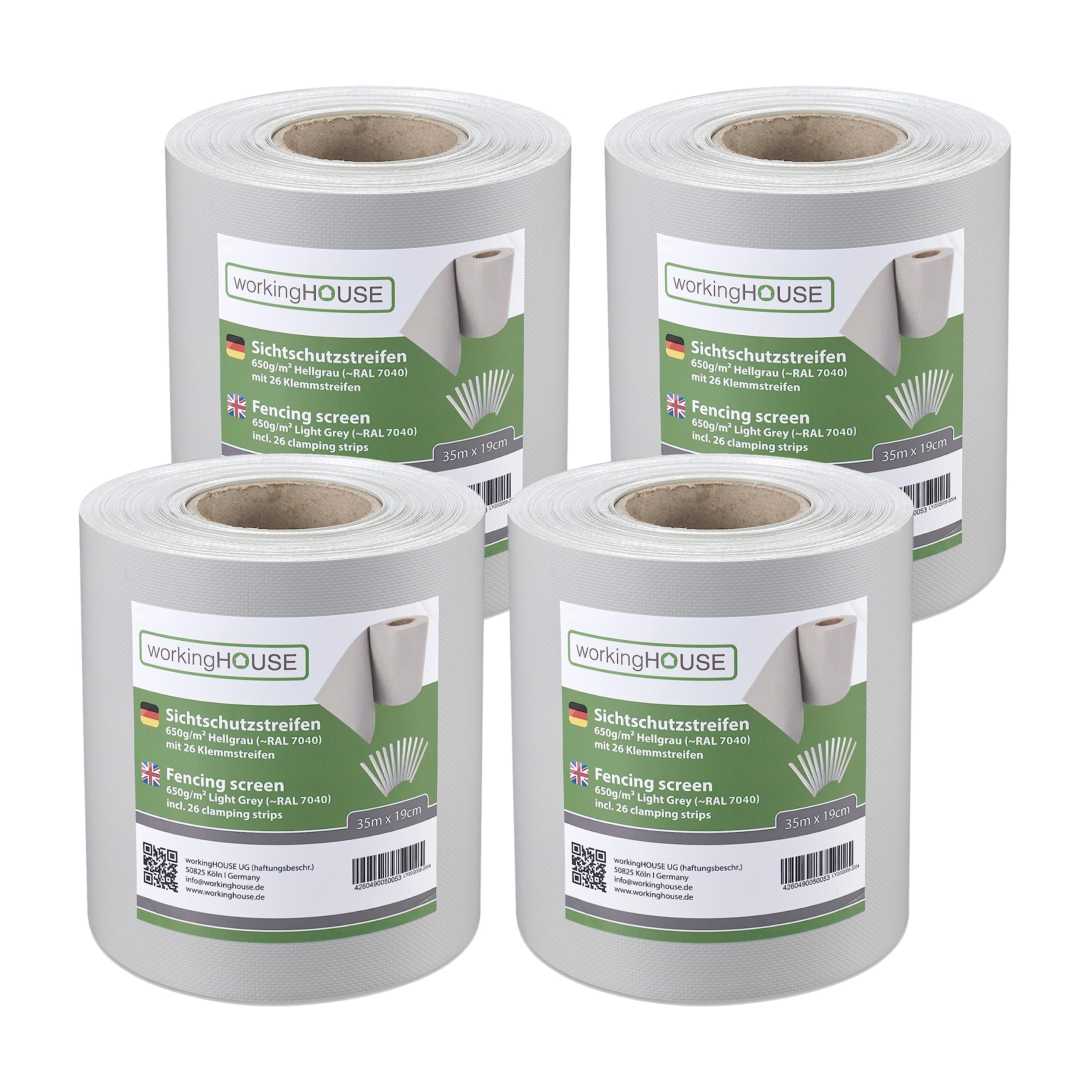 workingHOUSE PVC Sichtschutzstreifen 650g/m² Premium für Doppelstabmatten Zaun – 4er Spar-Set (140m Gesamtlänge), Hellgrau RAL 7040 | Wind- & Blickschutz, wetterfest, inkl. Clips