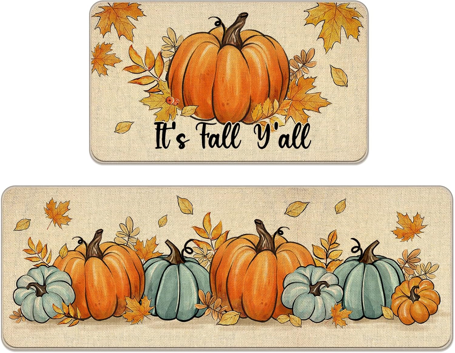 It's Fall Y'all Pumpkin Patch Kitchen Rugs Set of 2, Autumn Maple Leaves Kitchen Mats Decor, Teal Farmhouse Thanksgiving Floor Door Mat Home Decorations - 17x29 and 17x47 Inch