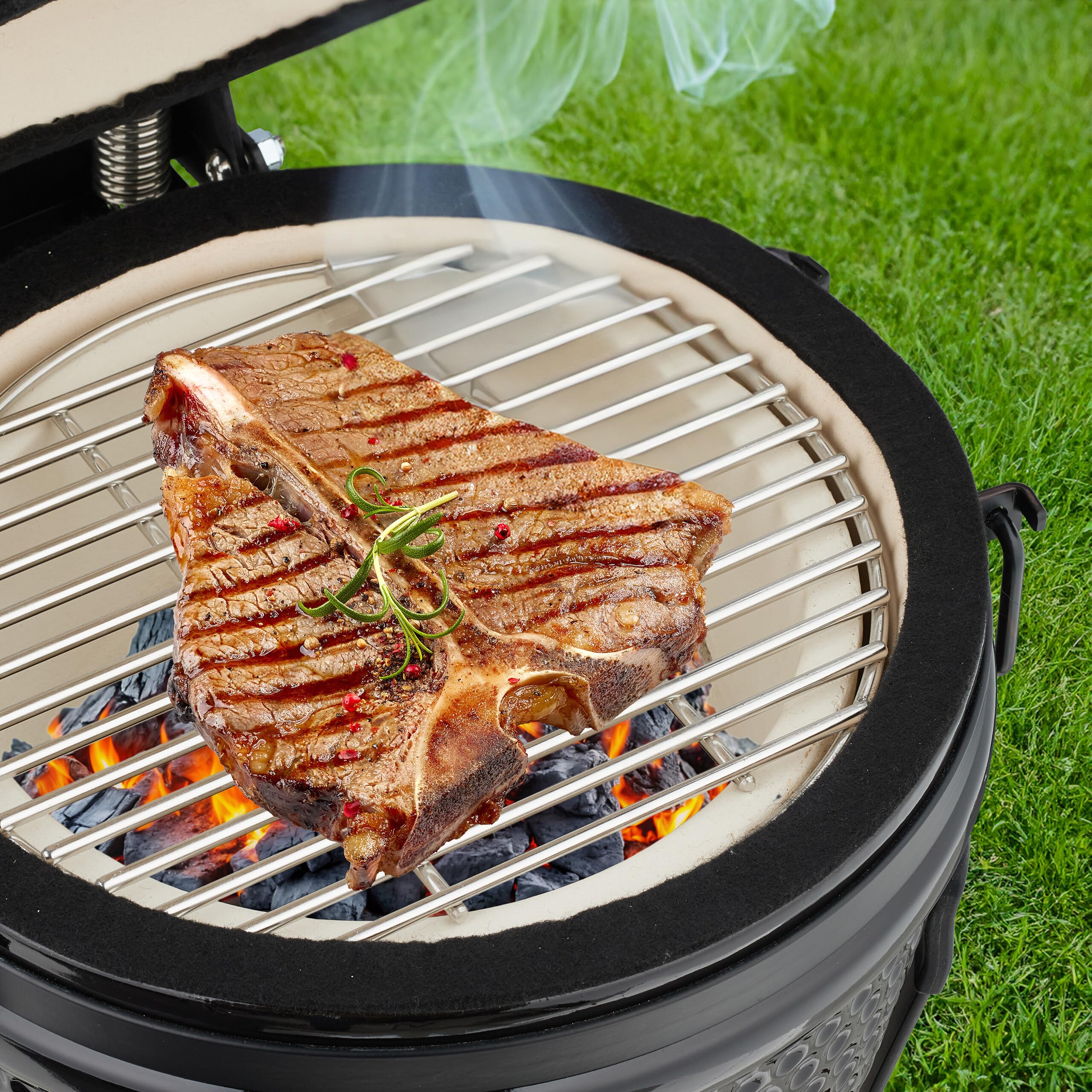 Relaxdays Barbecue a Carbonella Stile Kamado, Griglia Ø 26 cm in Ceramica, BBQ Carbone da Esterno Termometro 450°C, Nero