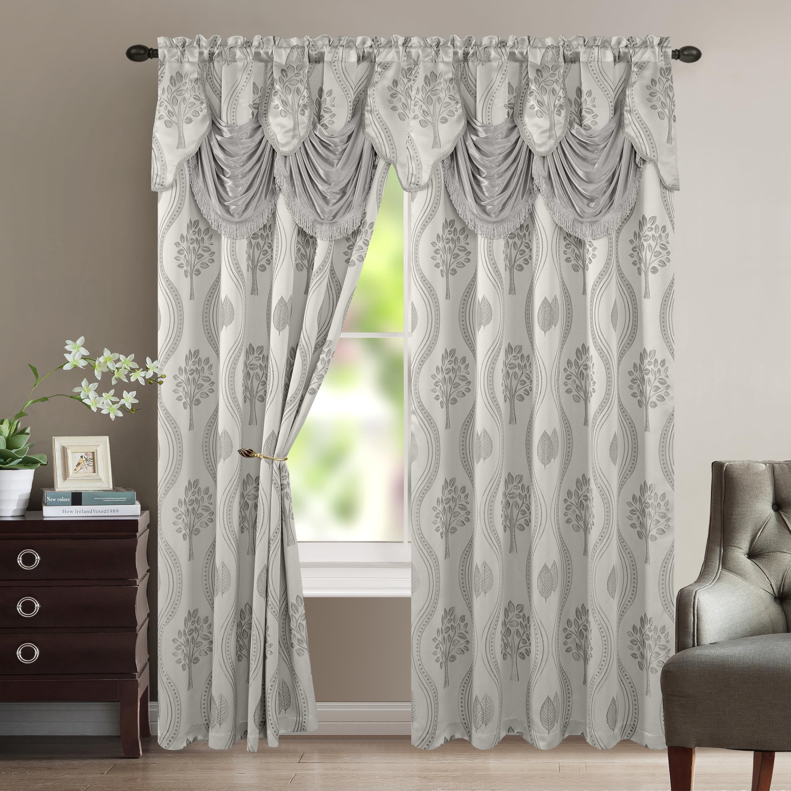 Elegant Comfort Luxurious Aurora Jacquard Look Curtain Panel Set with Attached Valance 54" X 63 inch (Set of 2), Gray