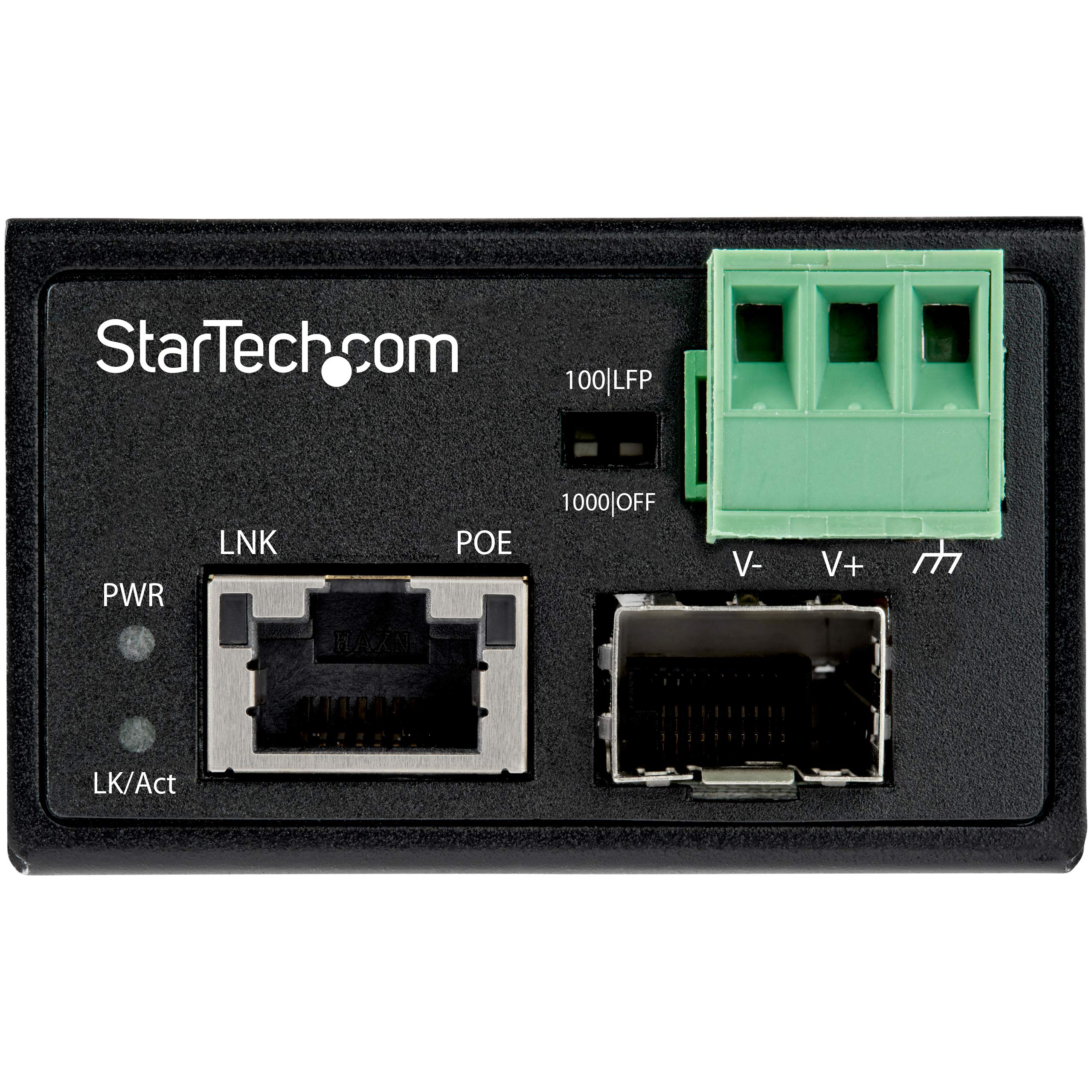 StarTech Convertisseur Fibre RJ45 PoE+ Industriel 30W, SFP (IMC1GSFP30W) | Gigabit, Monomode ou multimode, IEEE 802.3af/at, IP-30, -40 à +75C, Rail DIN