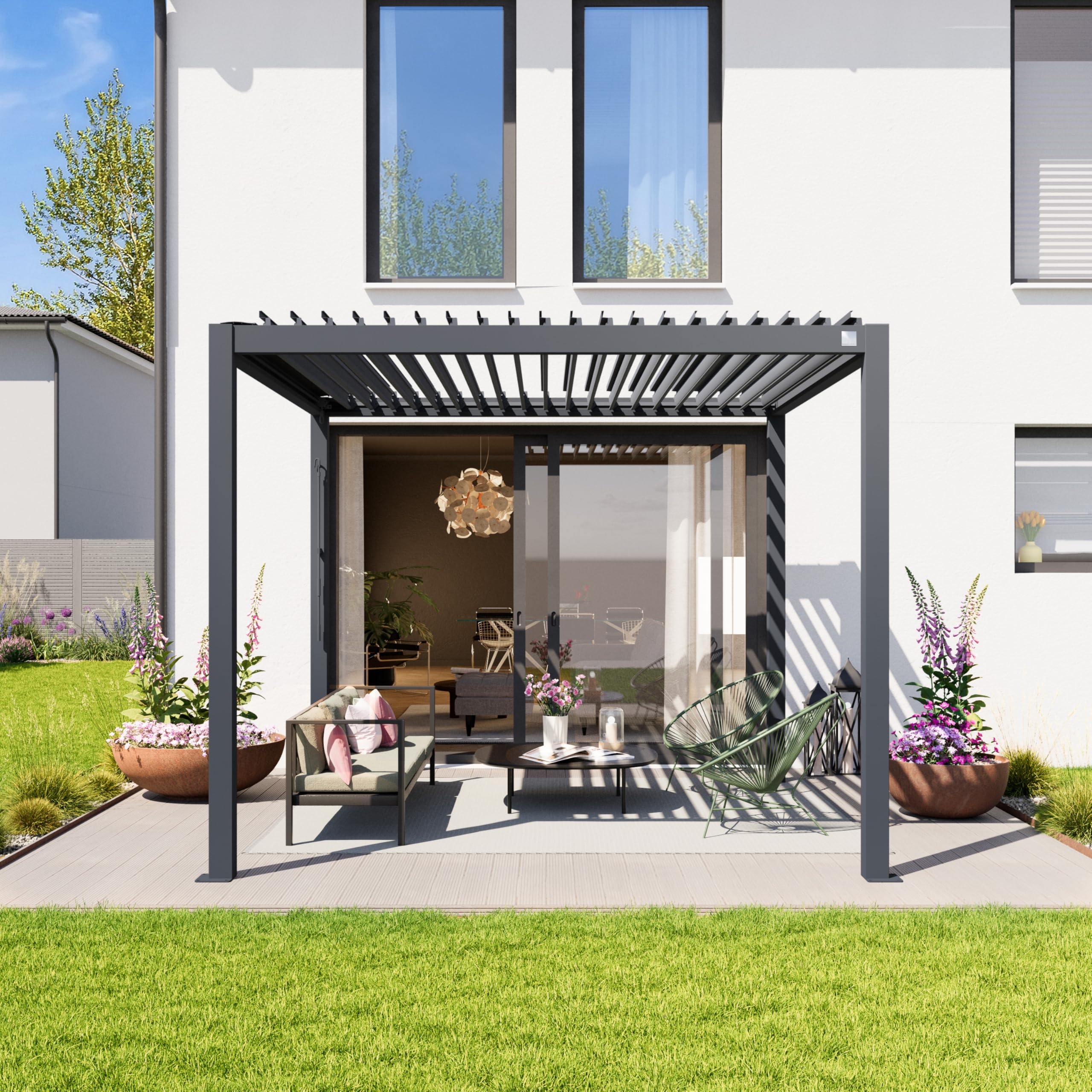 PRIMEYARD Pérgola 3x3 m Postes de Aluminio con Techo de Lamas de Acero pabellón de jardín Antracita