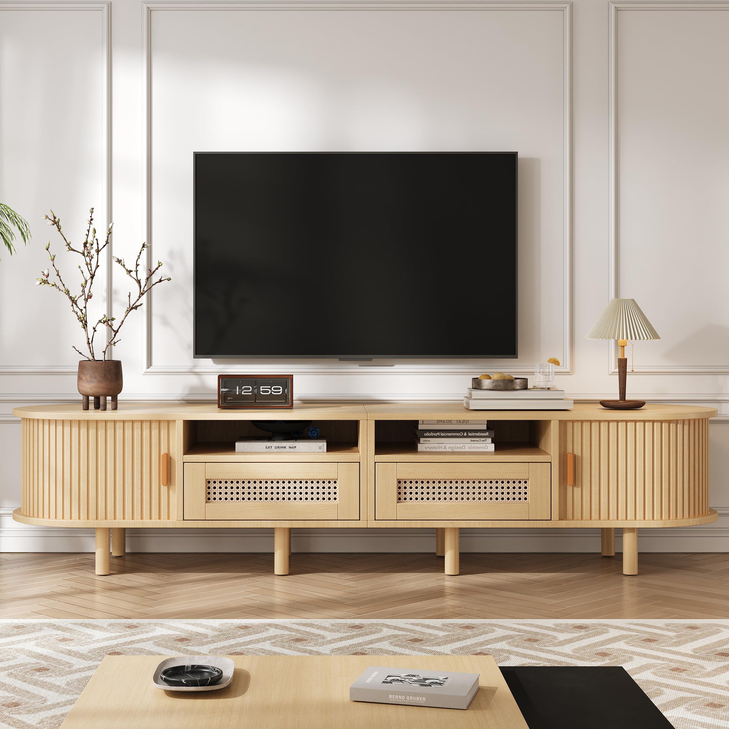 FammyLoft TV Unit with Storage for 70 Inch TV, Oak TV Cabinet Storage Sideboard with 2 Rattan Drawer and 2 Sliding Doors, Wooden TV Cabinet with Rounded Corners for Living Room