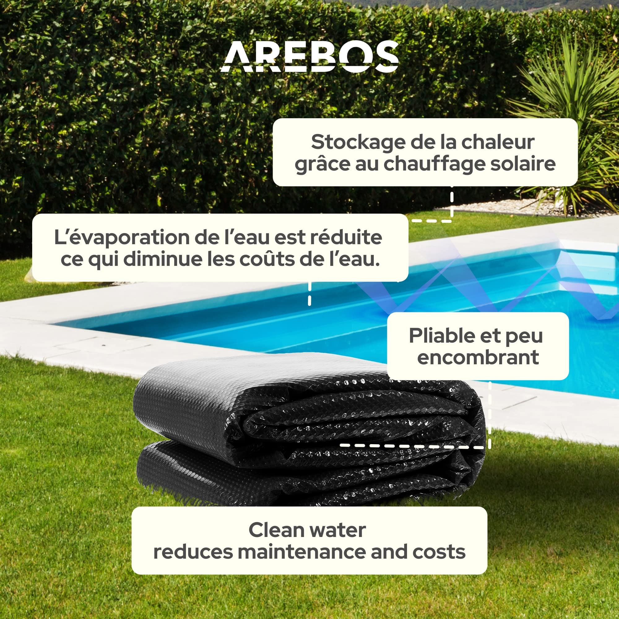 Arebos Pool bâche/Couverture Solaire | Bâche Solaire carrée Ø 4,5 x 2,2 m Noir | Bâche Solaire épaisseur 120 µm | Rouleau Solaire découpable | Chauffage de Piscine pour Chauffer l'eau