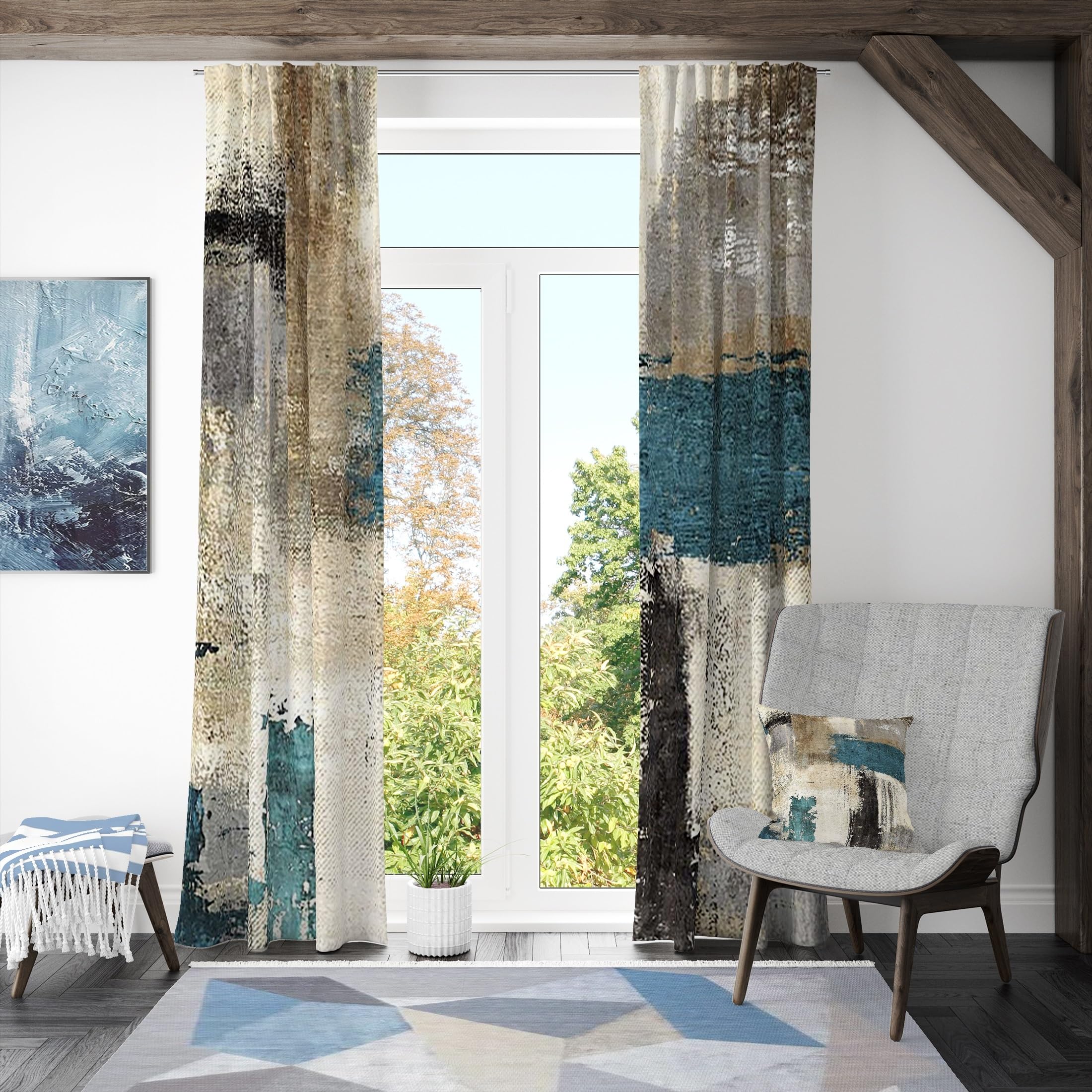 107x160cm Astratto Muro di mattoni Tenda tasca porta-asta Grigio blu Parete screziata Divisori per ambienti Filtro della luce Tende finestre per Camera da letto Soggiorno,2 pannello