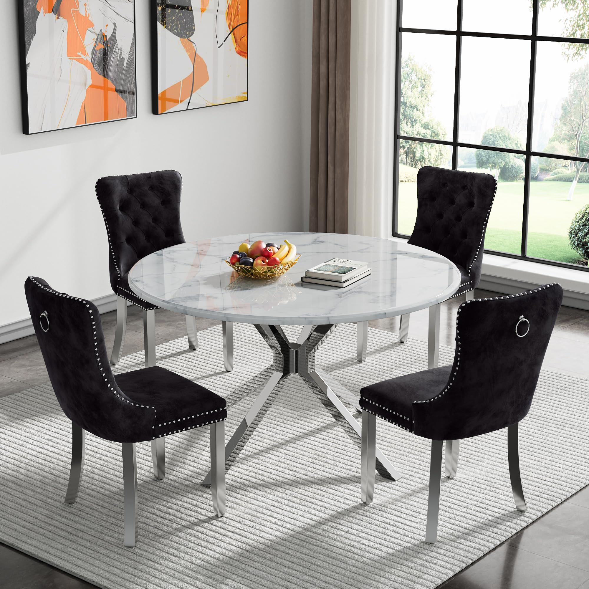 5-Piece Round Dining Table Set for 4, Modern Faux Marble Kitchen Table and Black Velvet Chairs Set of 4, Luxury 45" Circle White Silver Dining Room Tables with Stainless Steel Cross Legs