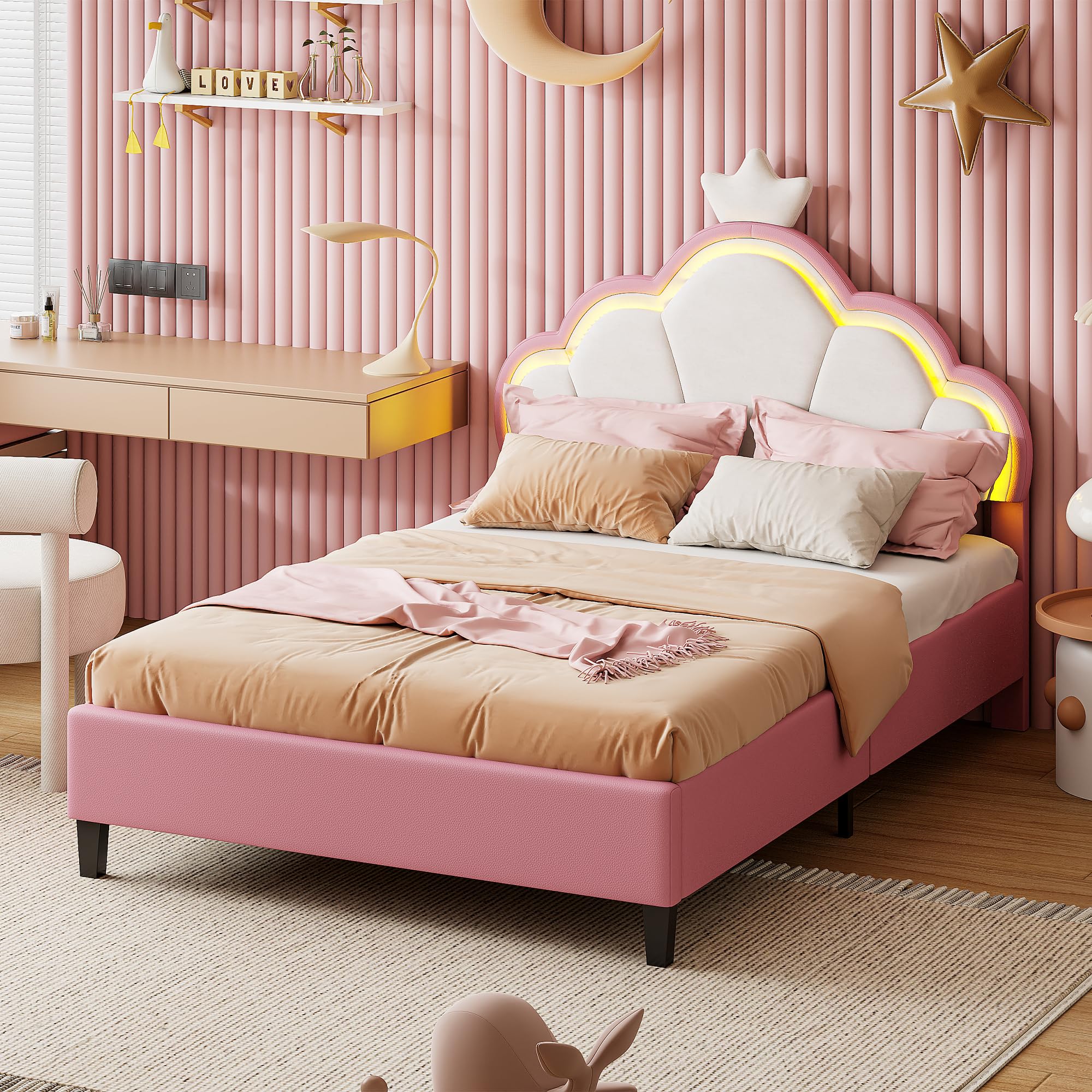 Lit Enfant Rembourré 90x200 cm avec LED pour Fille Adolescent- Tête de Lit Réglable en Hauteur, Sommier à Lattes, Design Couronne de Princesse en PU Rose (sans Matelas)