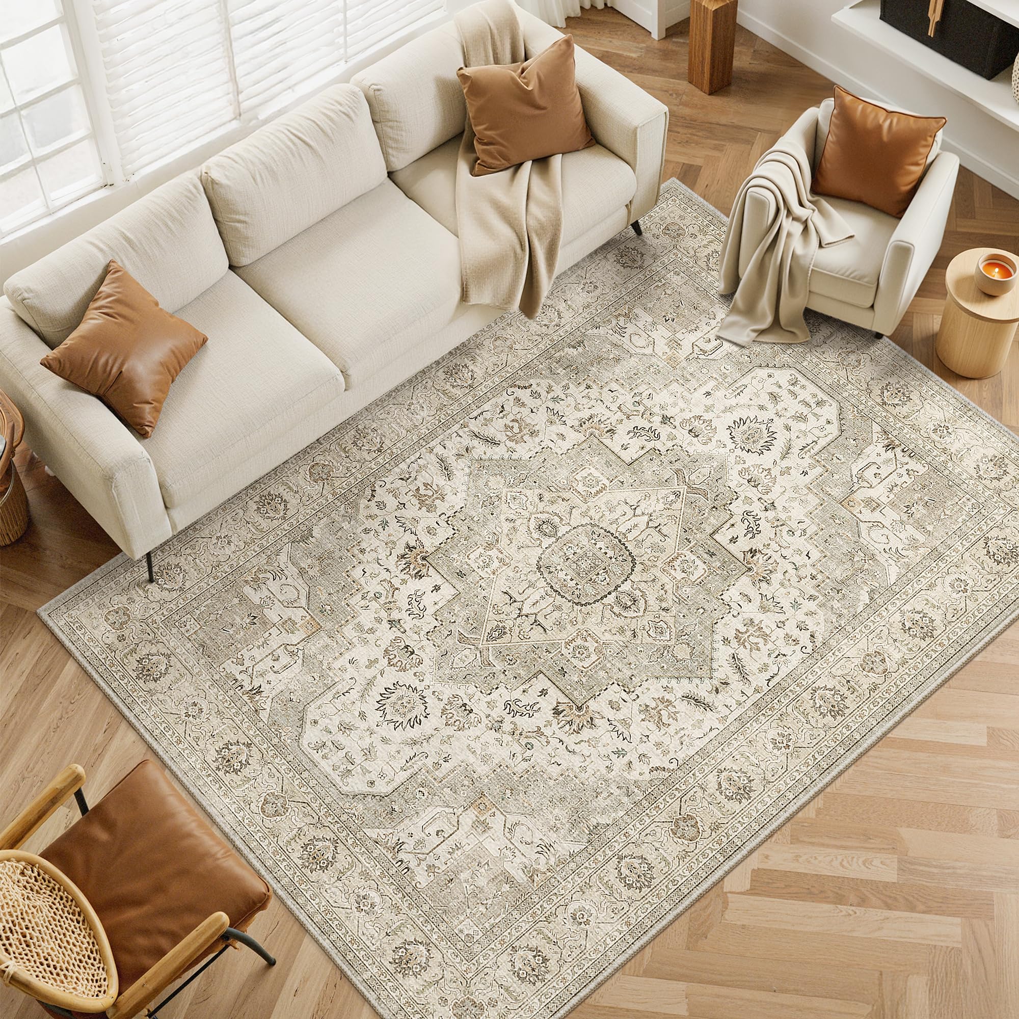 Roxstand 6x9 Area Rugs for Living Room, Washable Rug with Non-Slip Backing, Ultra-Thin Rugs for High-Traffic Areas, Super-Soft Floral Vintage