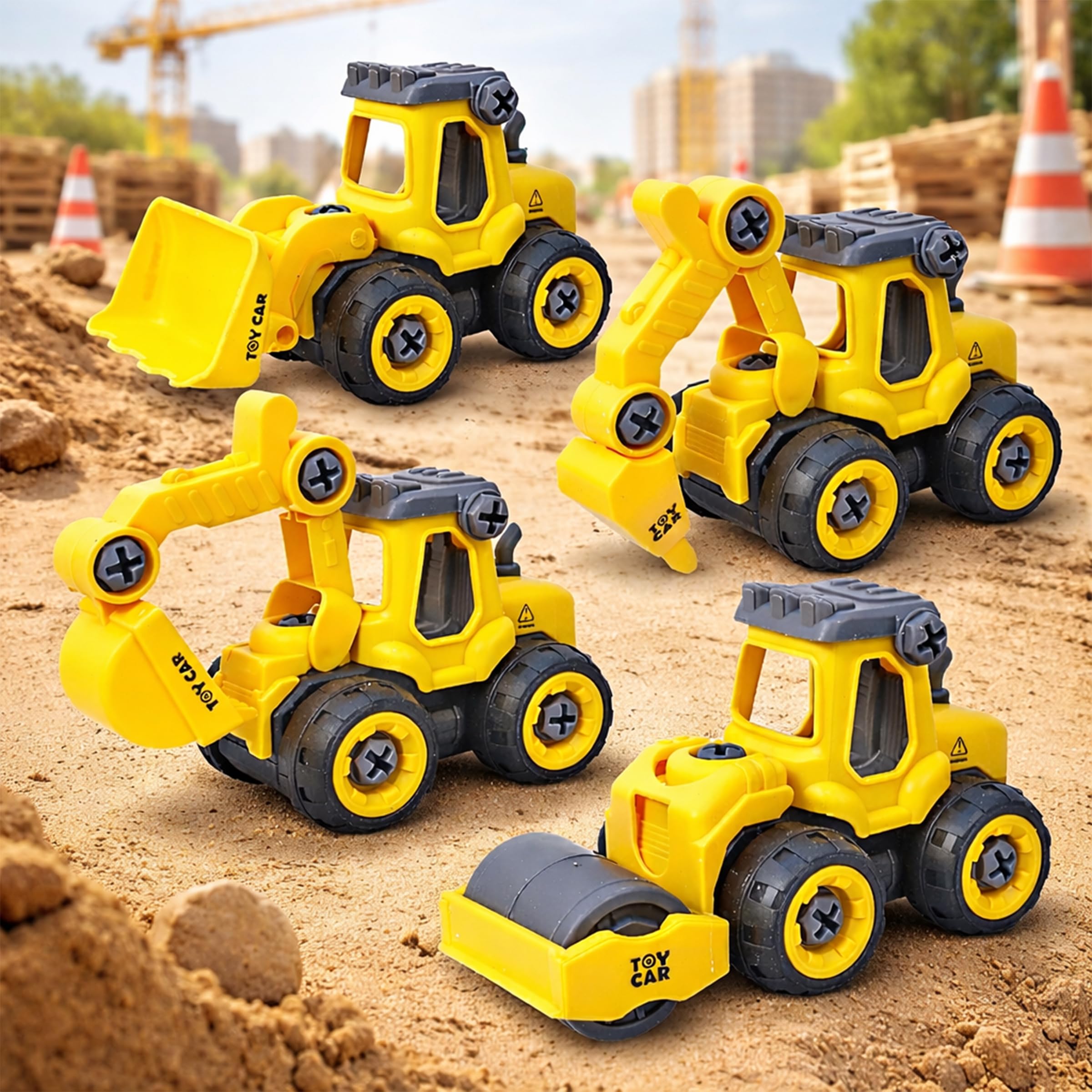 Toyshine Take Apart Toy 4 Pack - DIY Construction Engineering Car Toy Set Kids STEM Sand Toys for Toddlers Age 3-5, Building Sandbox Toys Truck, Birthday Gifts for Boys 2 3 4 5 6 Year Old