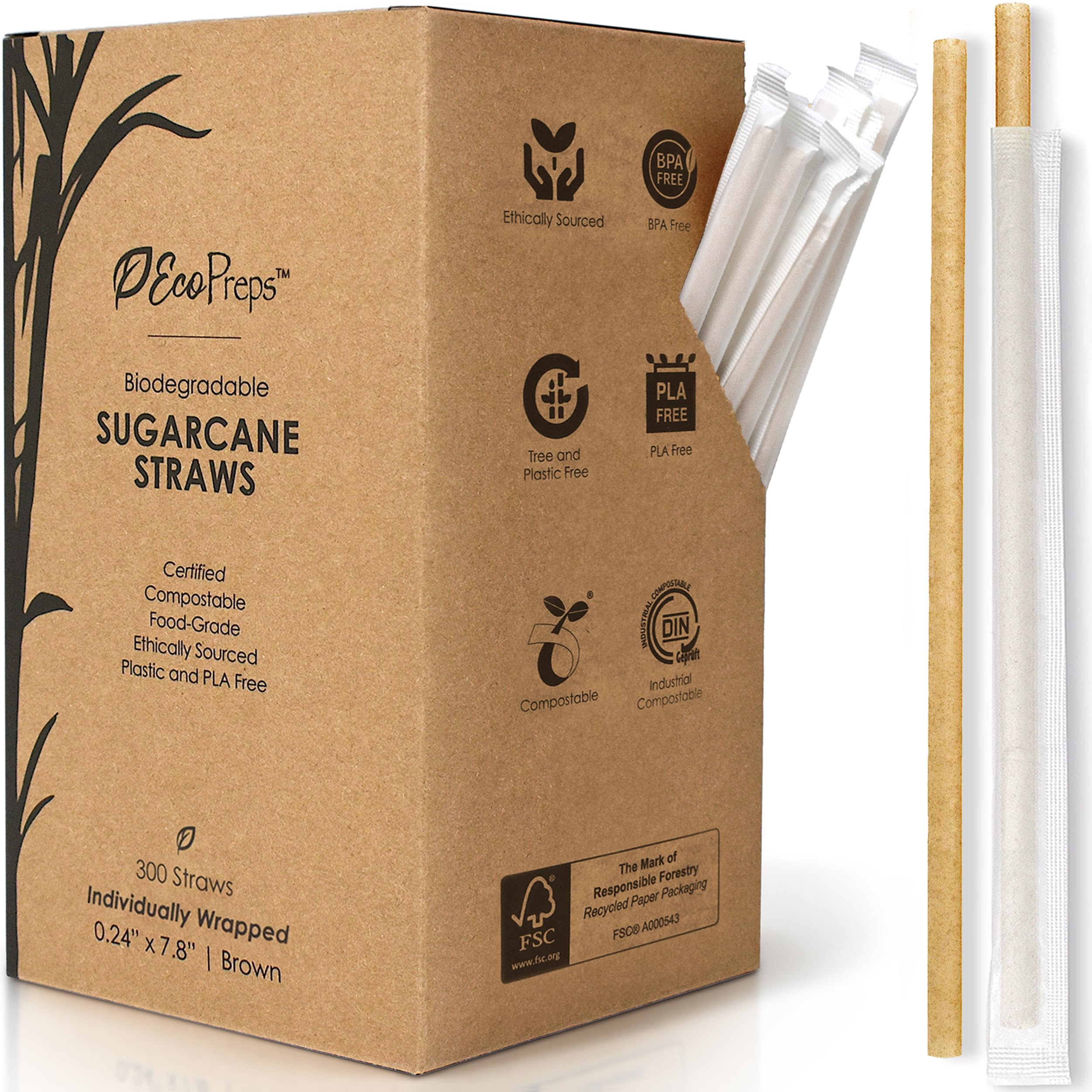 Biodegradable Sugarcane Straws, Plastic-Free Individually Wrapped Straws | 300 Count, 100% Compostable, Eco-Friendly Drinking Straw | 7.8” Sugar Fiber Disposable Straw, Packed in Paper Wrap