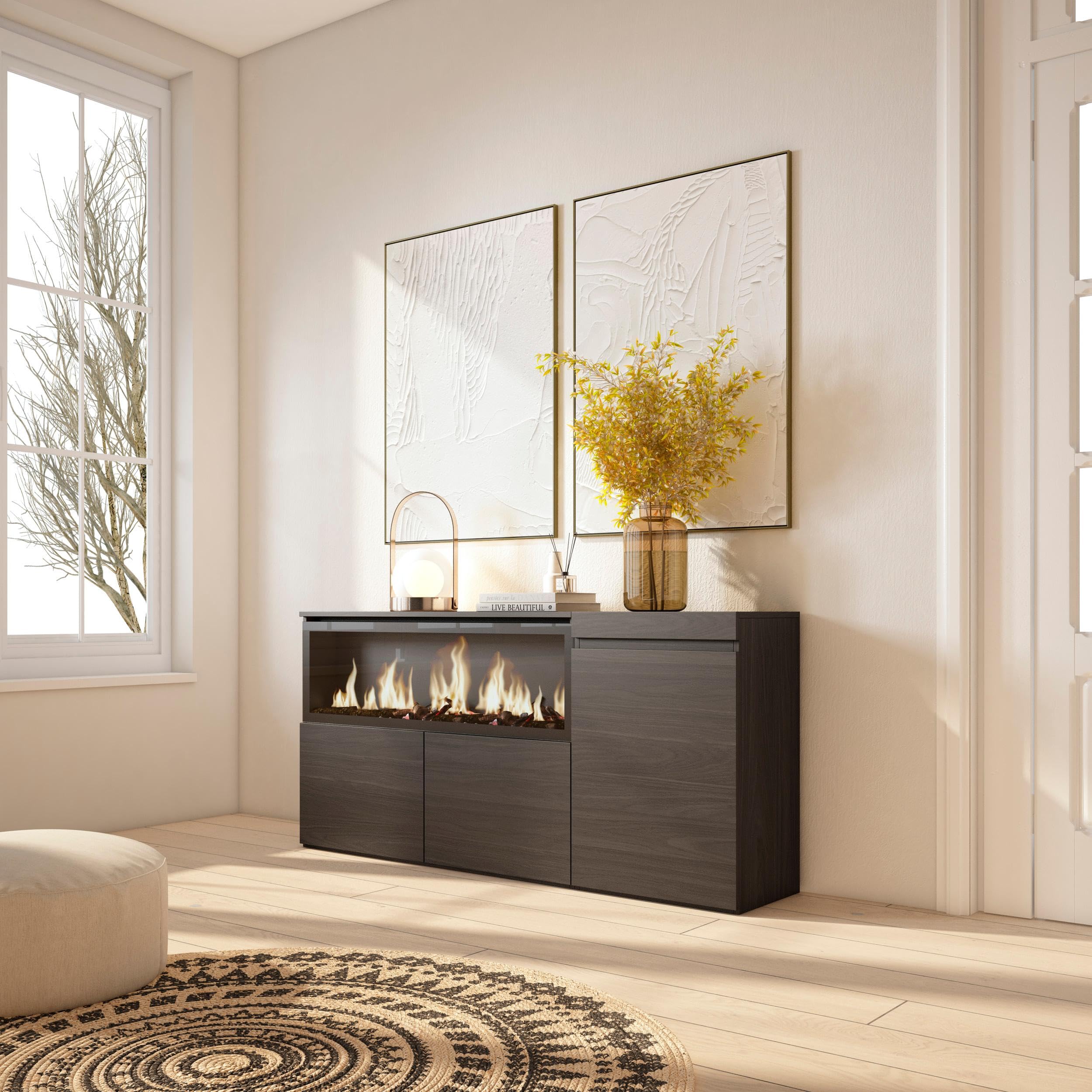 Skraut Home | Buffet Salon et Cuisine | Meuble de Rangement, Commode | 160 | 3 Portes | Cheminée électrique XXL | Style Moderne | Noir