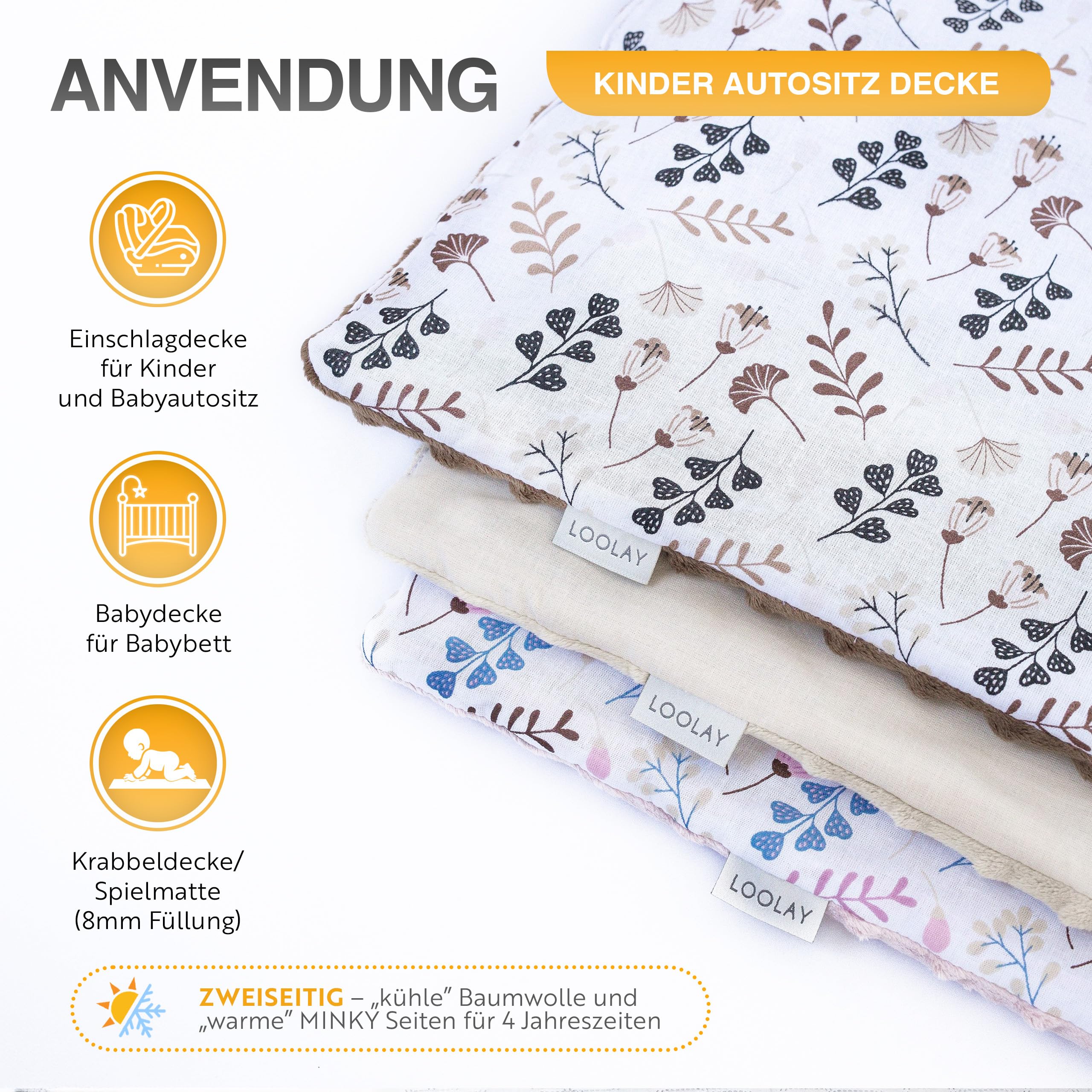 LOOLAY Coprigambe per ovetto, coperta per seggiolino auto, 90 x 90 cm, coprigambe per tutto l'anno, Minky e cotone biologico, cinturino compatibile a 3 e 5 punti (grigio pastella)