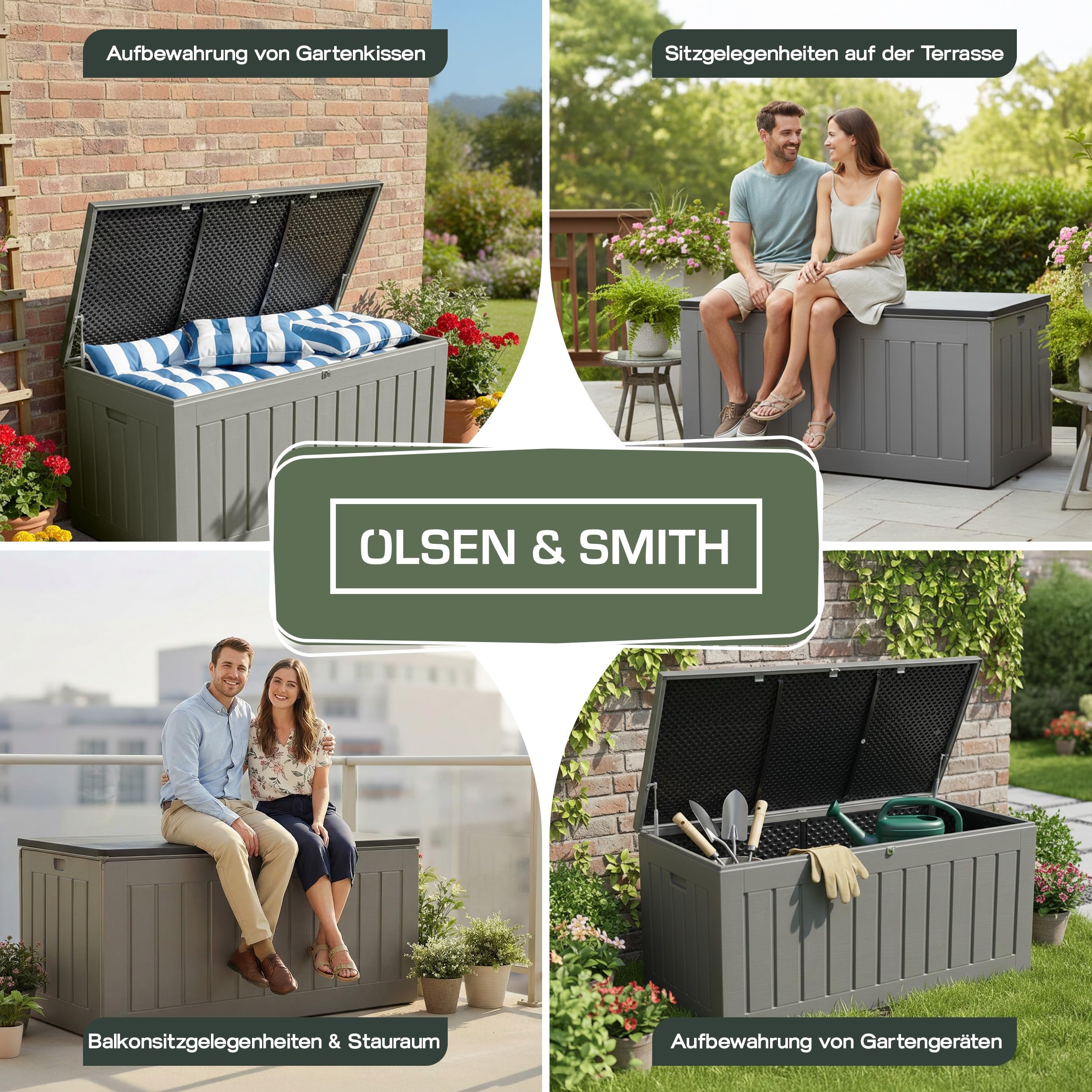 Olsen & Smith Abschließbare XXL 830L Aufbewahrungsbox mit Deckel Groß – Wetterfeste Gartenbox & Sitzbank mit Gasdruckfeder – Wasserdicht Auflagenbox & Kissenbox – Gartentruhe Anthrazit Holzoptik