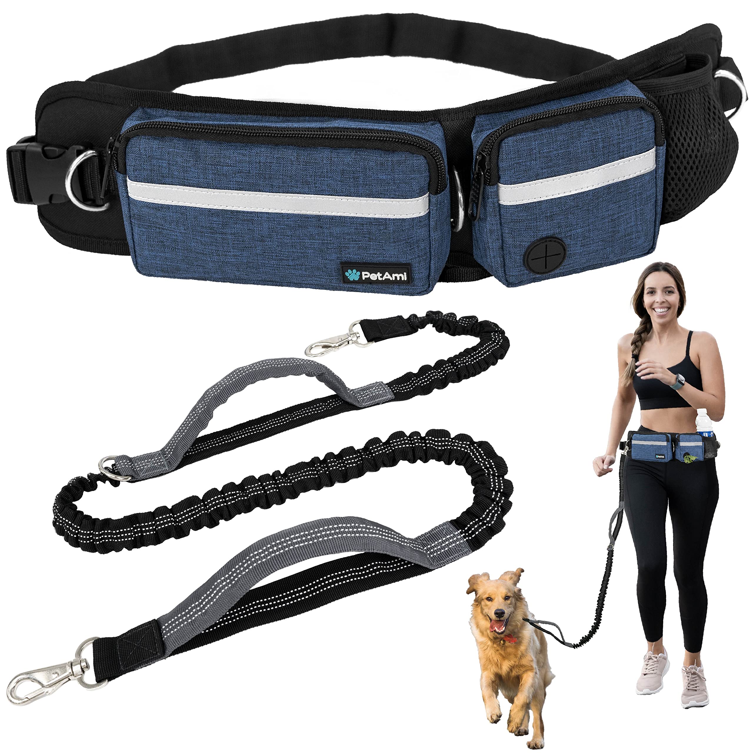 PetAmi Hands Free Dog Leash Belt Bag for Walking, Jogging - Double Zipper Pouch with Poop Bag Dispenser, Dual Padded Handles Reflective Bungee Leash,