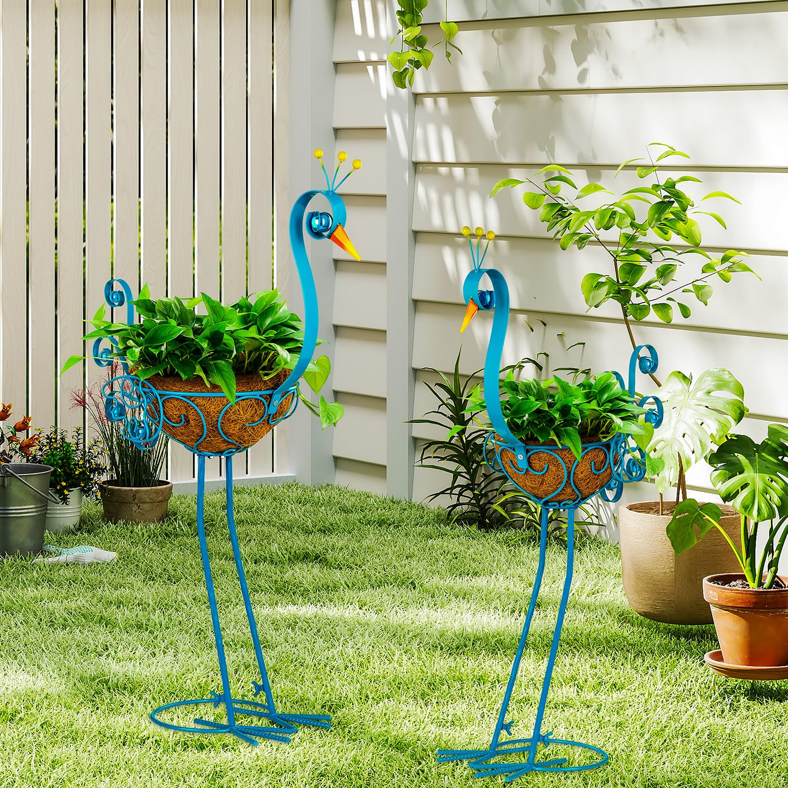 2 macetas de pavo real azul con cesta, jardineras de metal para interior y exterior, decoración de patio