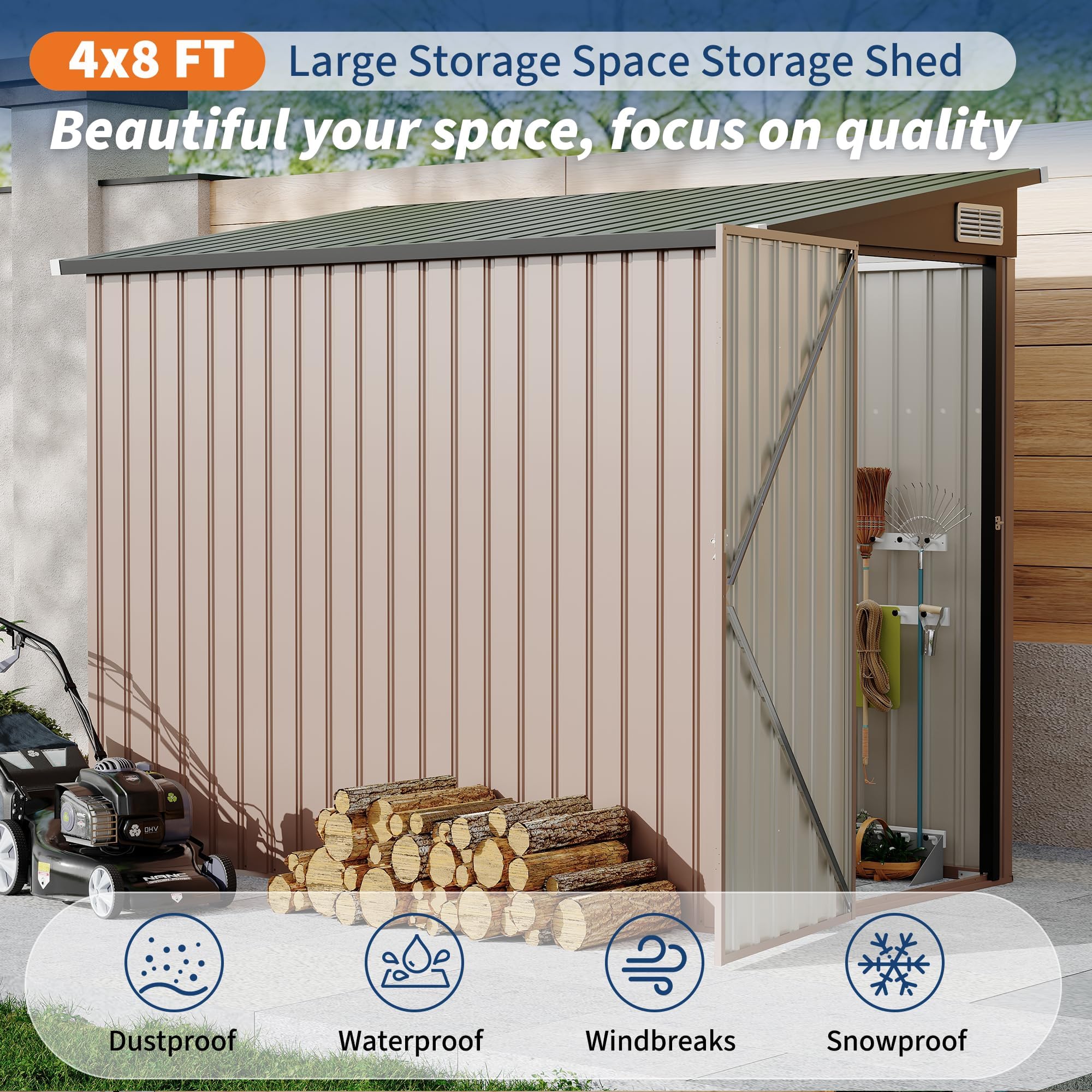 Garvee Abri De Jardin Métallique 1.2x2.4m, Remise Extérieure Adossée | Rangement Polyvalent pour Outils, Robuste Et Étanche, Poubelles Et Vélos, Idéal pour Terrasse Et Jardin