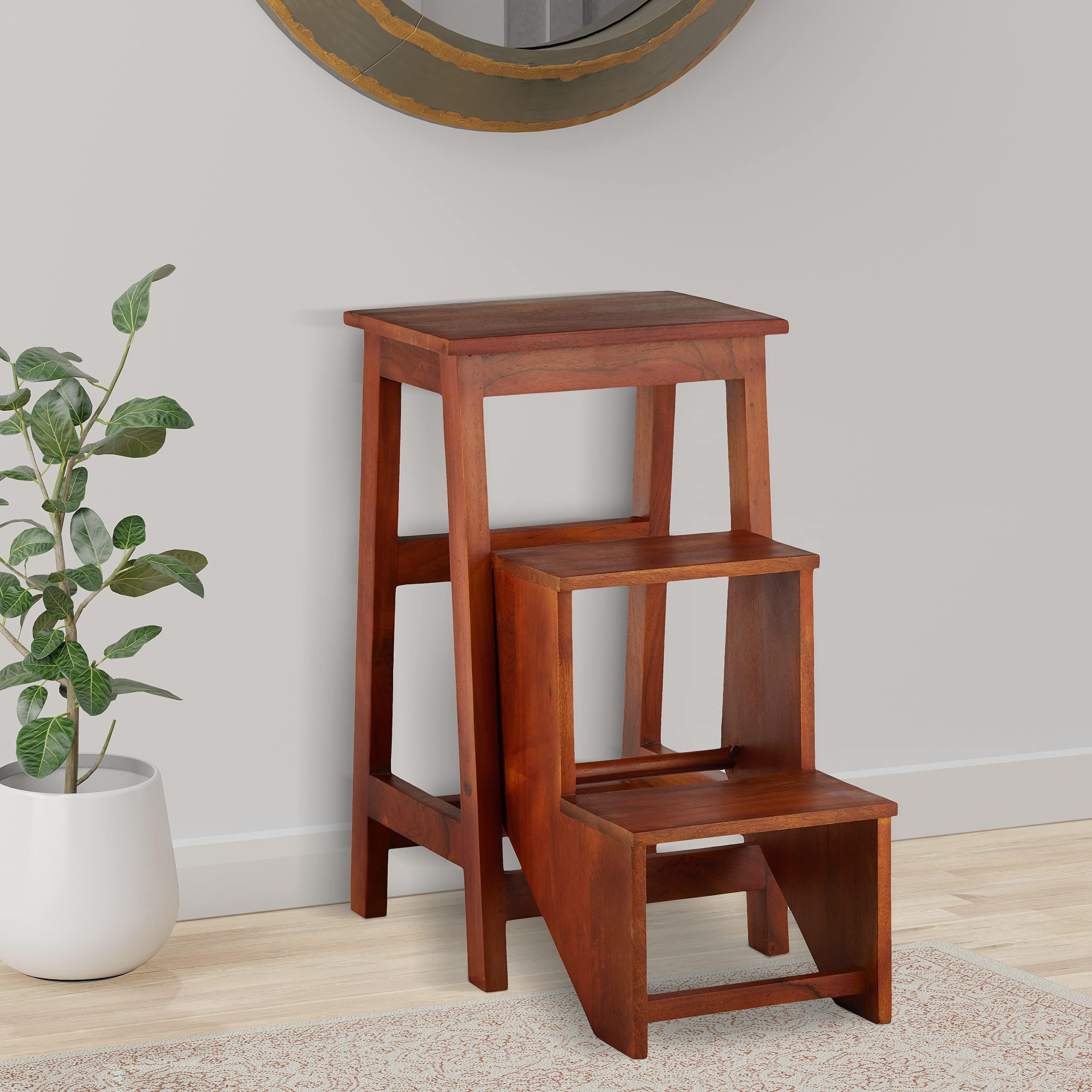 APRODZ Mango Wood Folding Step Side End Table for Home | Stap Stool Table | Dark Brown