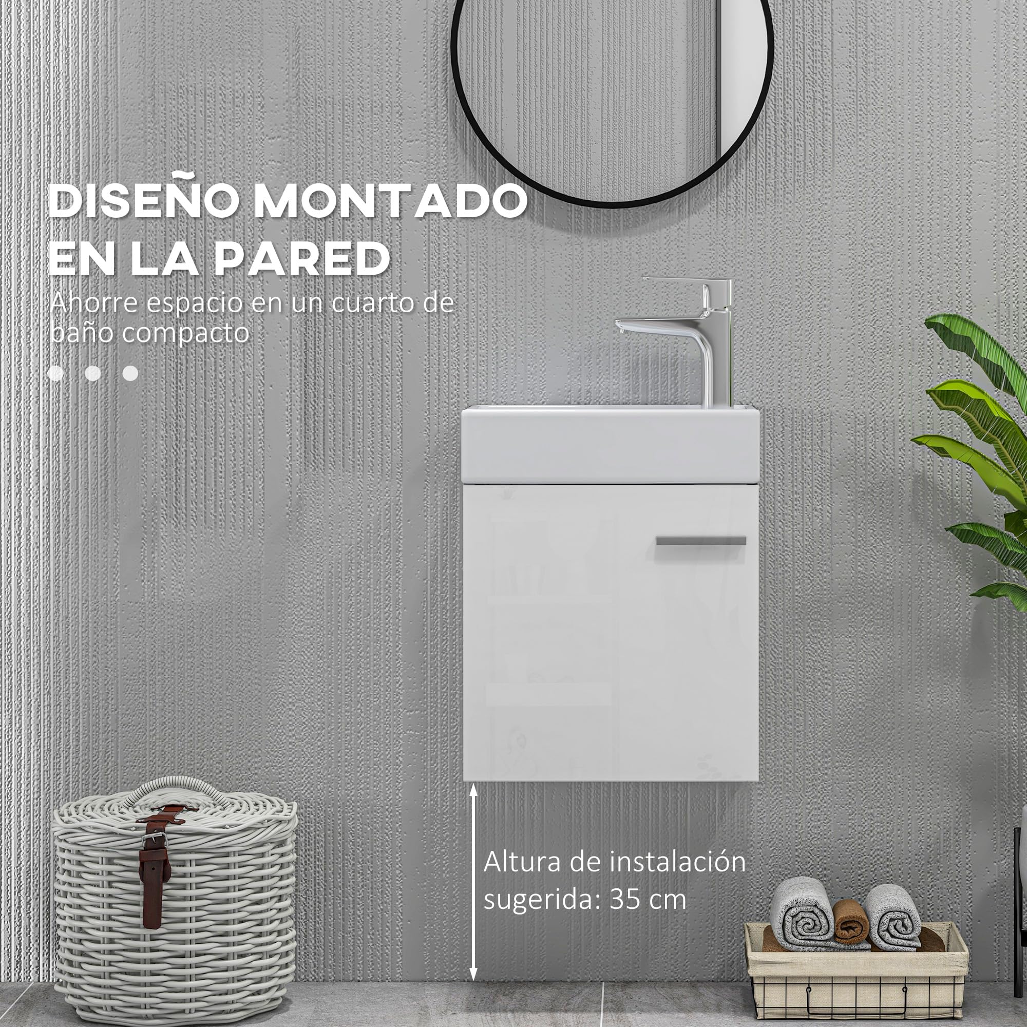 HOMCOM Mueble de Baño Estrecho con Lavabo de Pared 40x23x50cm Blanco Brillo | Mueble para Lavabo, con Puerta, Cierre Suave, Estilo Moderno