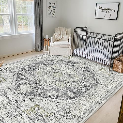 Miniatura 5 de Moespace Alfombra de área lavable de 8 x 10 pies, alfombra bohemia plegable retro para dormitorio, alfombra oriental de pelo bajo con estampado