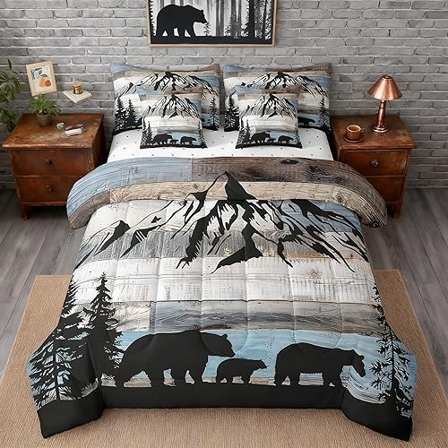 Manfei 7 Pieces Bear Comforter Set King, Wild Animals Hunting Bedding for Kids B