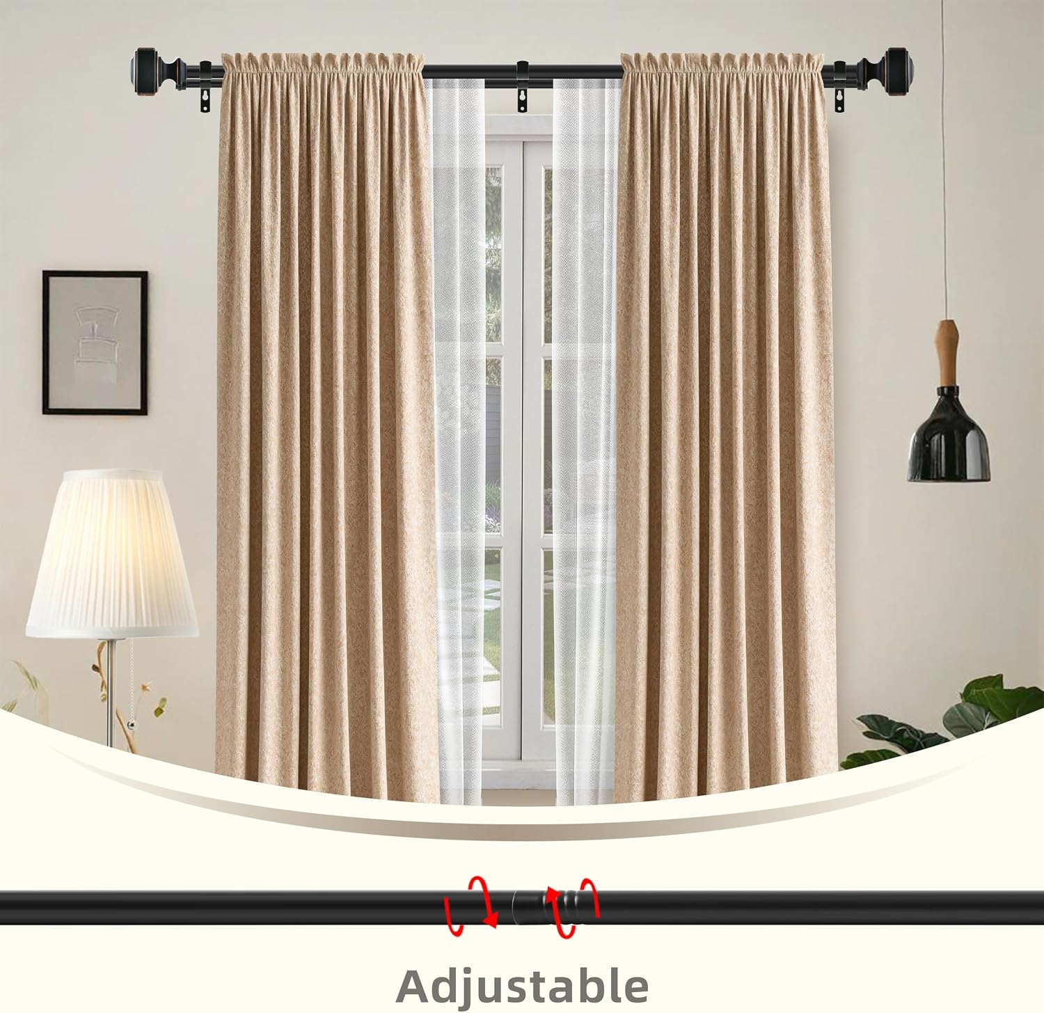 Double Curtain Rod with Square Finials，3/4-Inch Diameter,Adjusts Rod Length from 30 to 126 Inch,Black